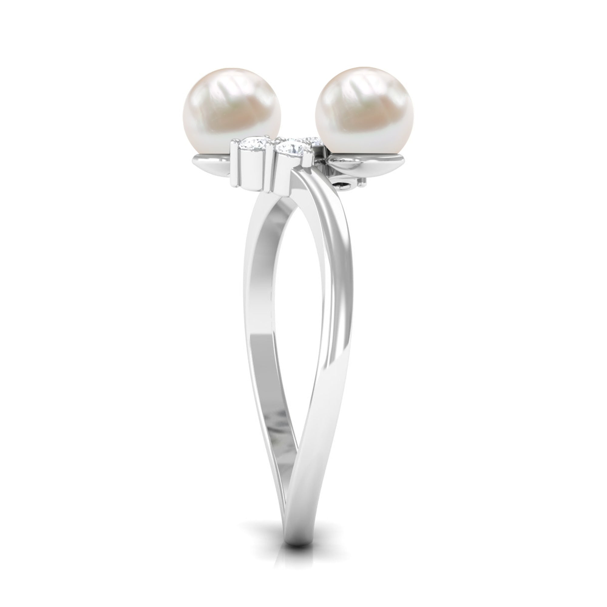Rosec Jewels-Real Freshwater Pearl 2 Stone Engagement Ring with Diamond