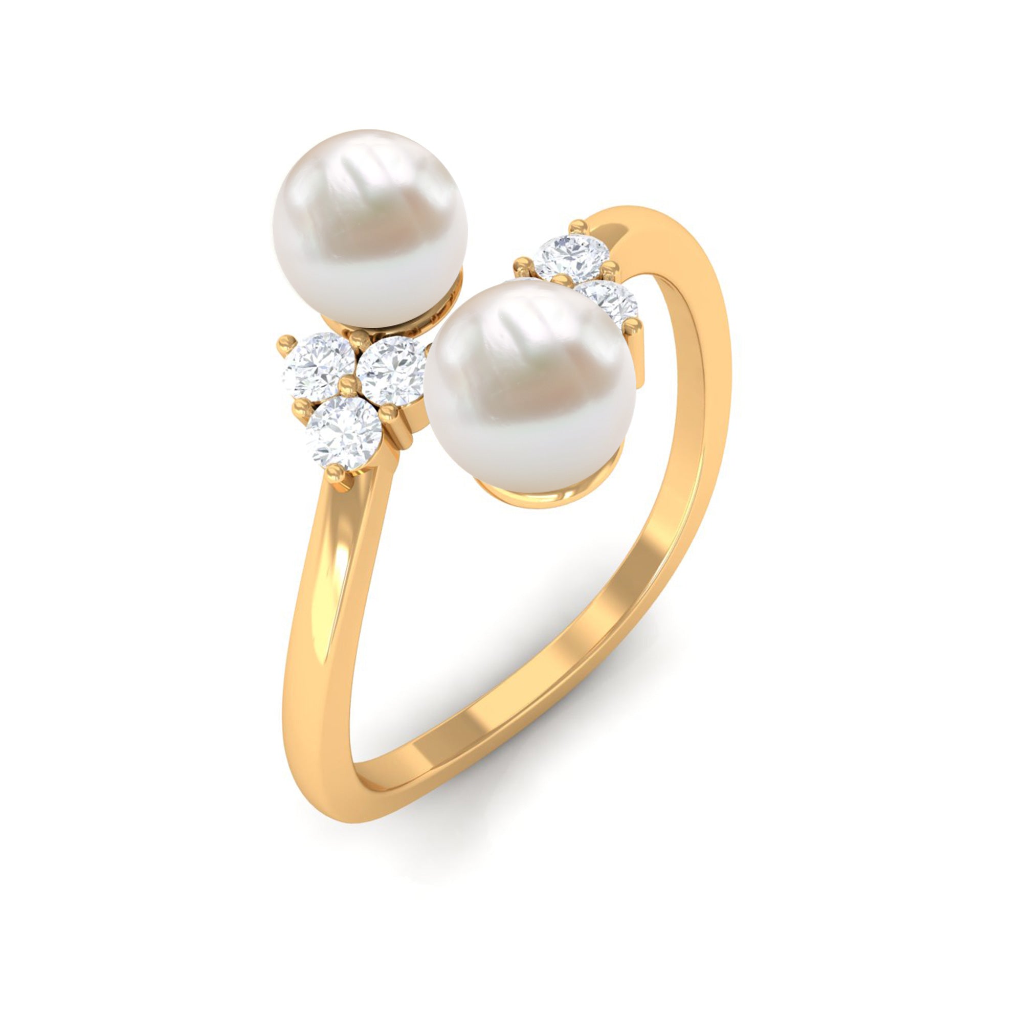 Rosec Jewels-Real Freshwater Pearl 2 Stone Engagement Ring with Diamond