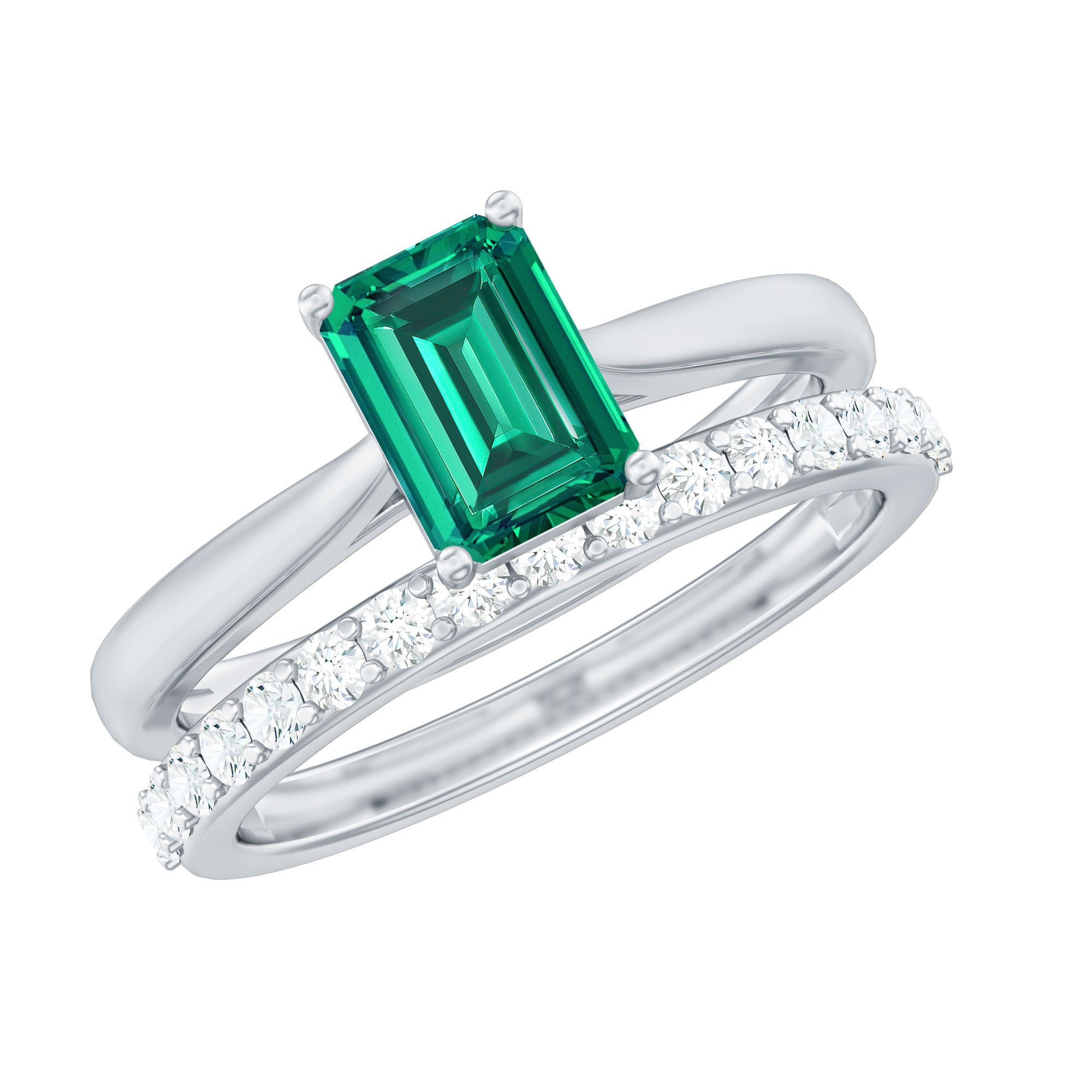 Certified Lab Grown Emerald Cut Emerald Engagement Ring with Ring Guard
