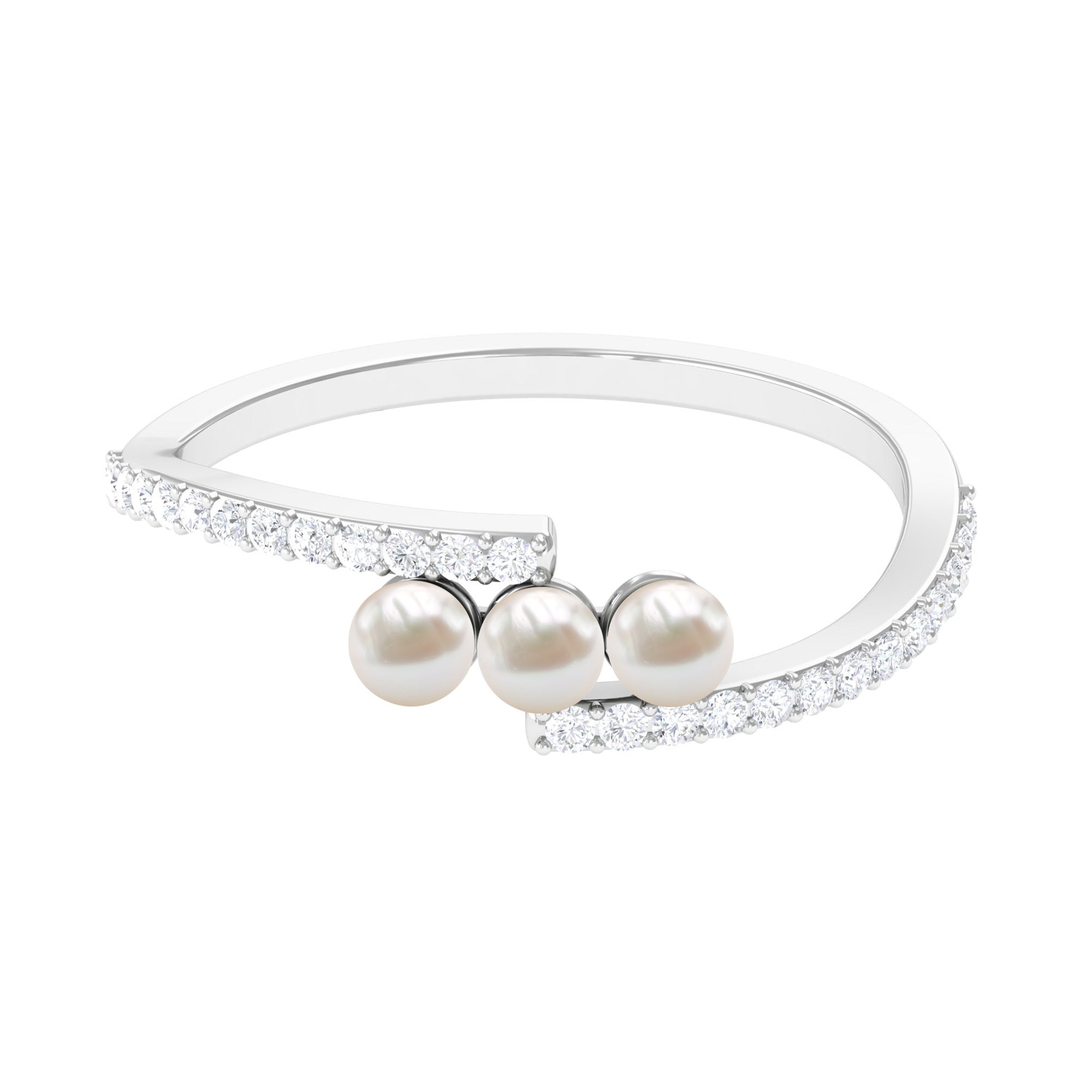 3/4 CT Three Stone Freshwater Pearl Bypass Ring with Diamond