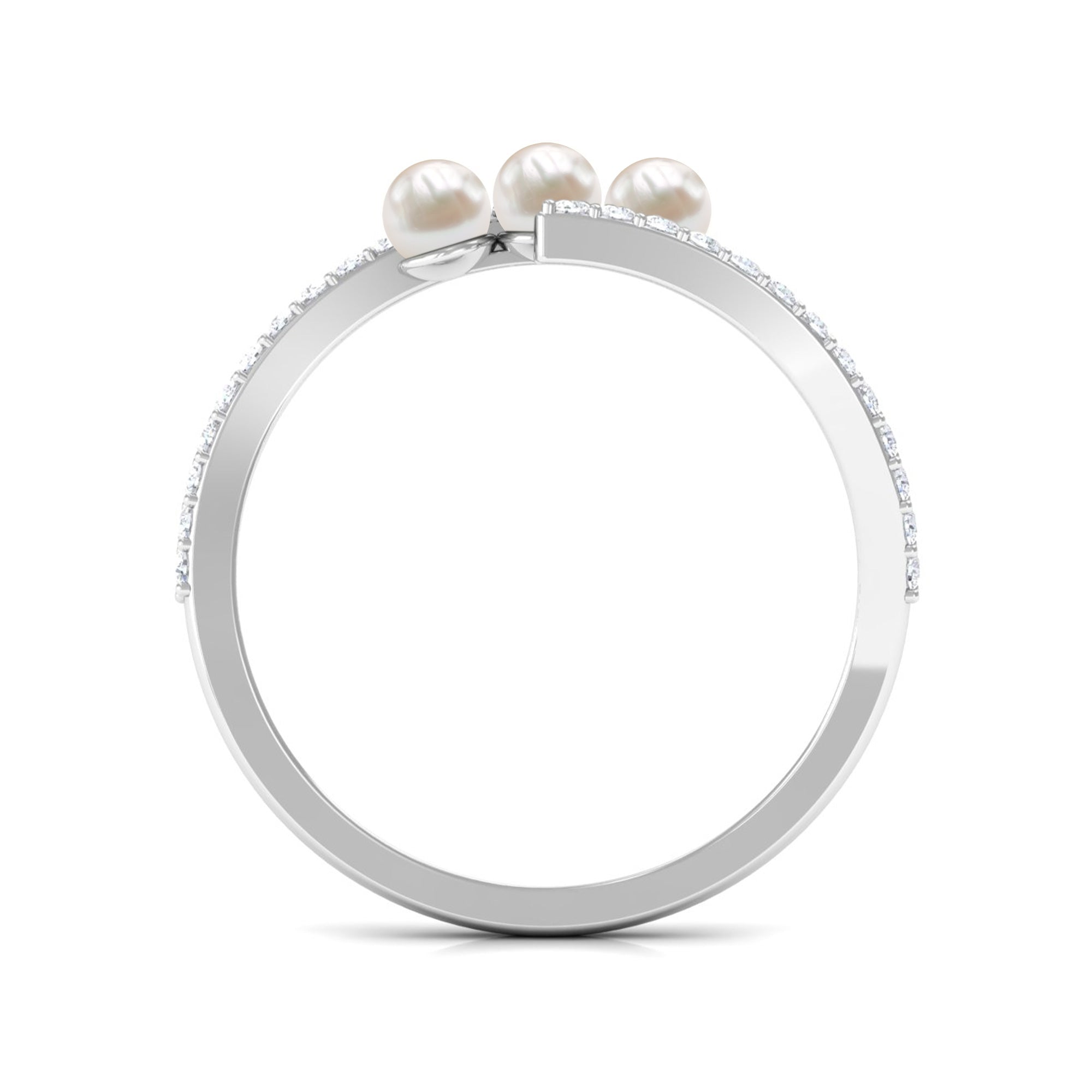 Rosec Jewels-Natural Freshwater Pearl 3 Stone Engagement Ring with Diamond