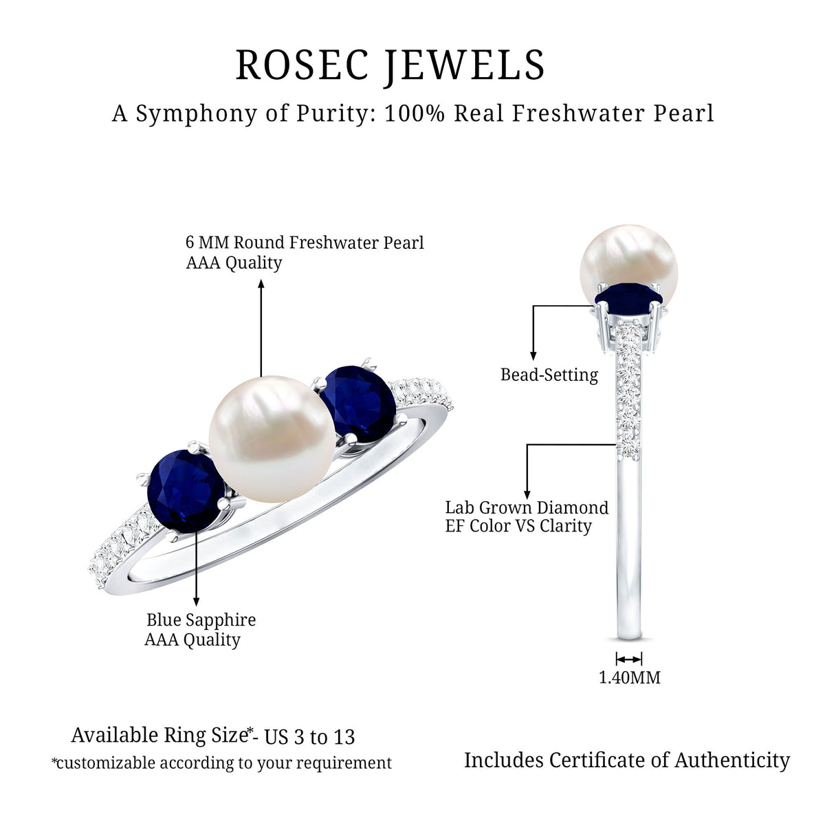 Natural Freshwater Pearl and Blue Sapphire 3 Stone Engagement Ring with Diamond AAA - Rosec Jewels