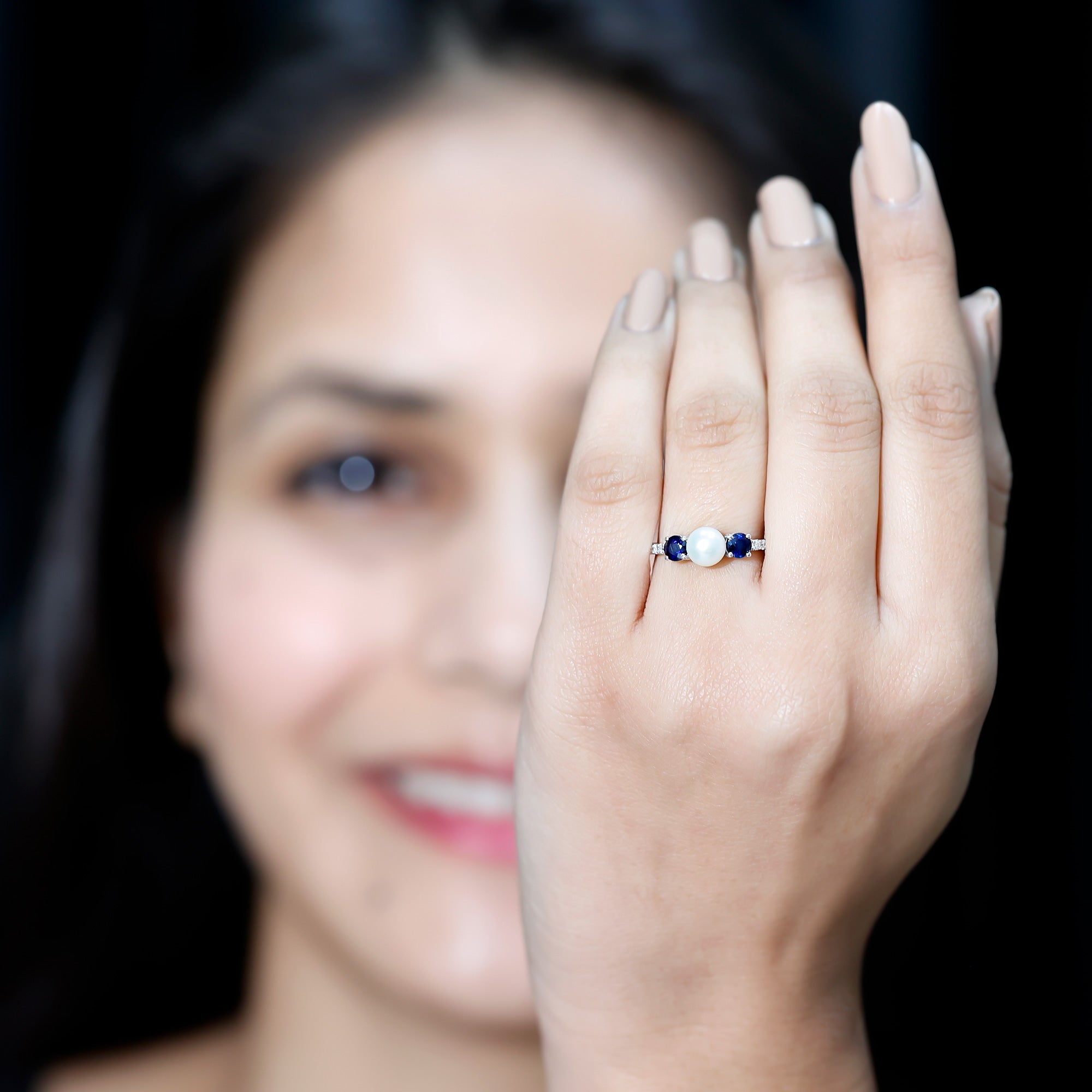 Rosec Jewels-Natural Freshwater Pearl and Blue Sapphire 3 Stone Engagement Ring with Diamond