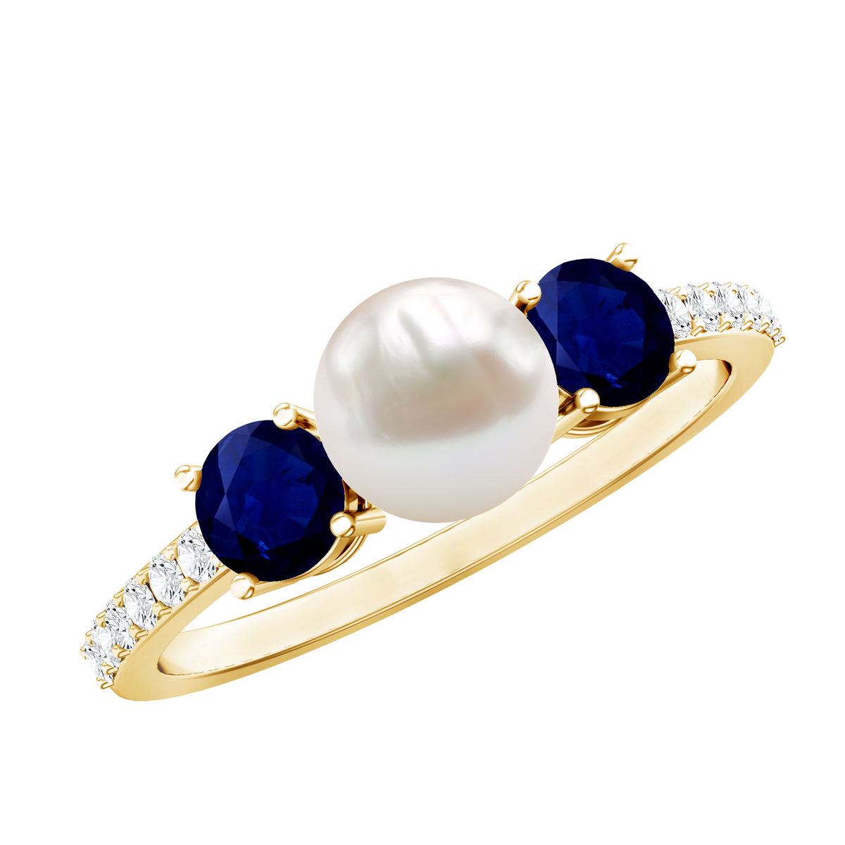 Natural Freshwater Pearl and Blue Sapphire 3 Stone Engagement Ring with Diamond AAA - Rosec Jewels