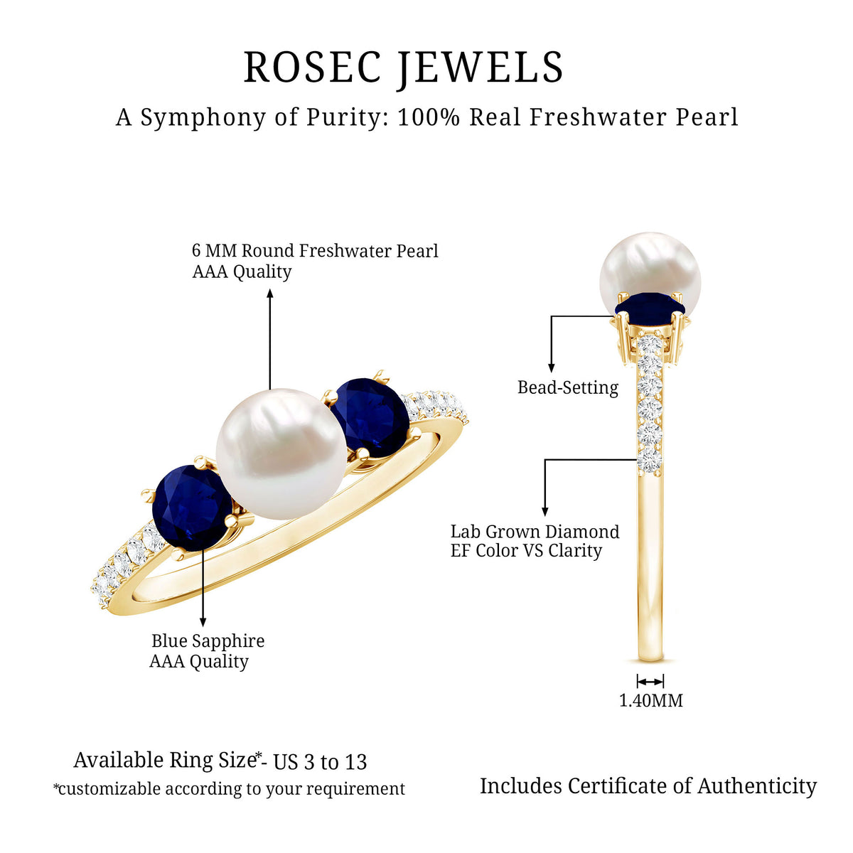 Natural Freshwater Pearl and Blue Sapphire 3 Stone Engagement Ring with Diamond AAA - Rosec Jewels