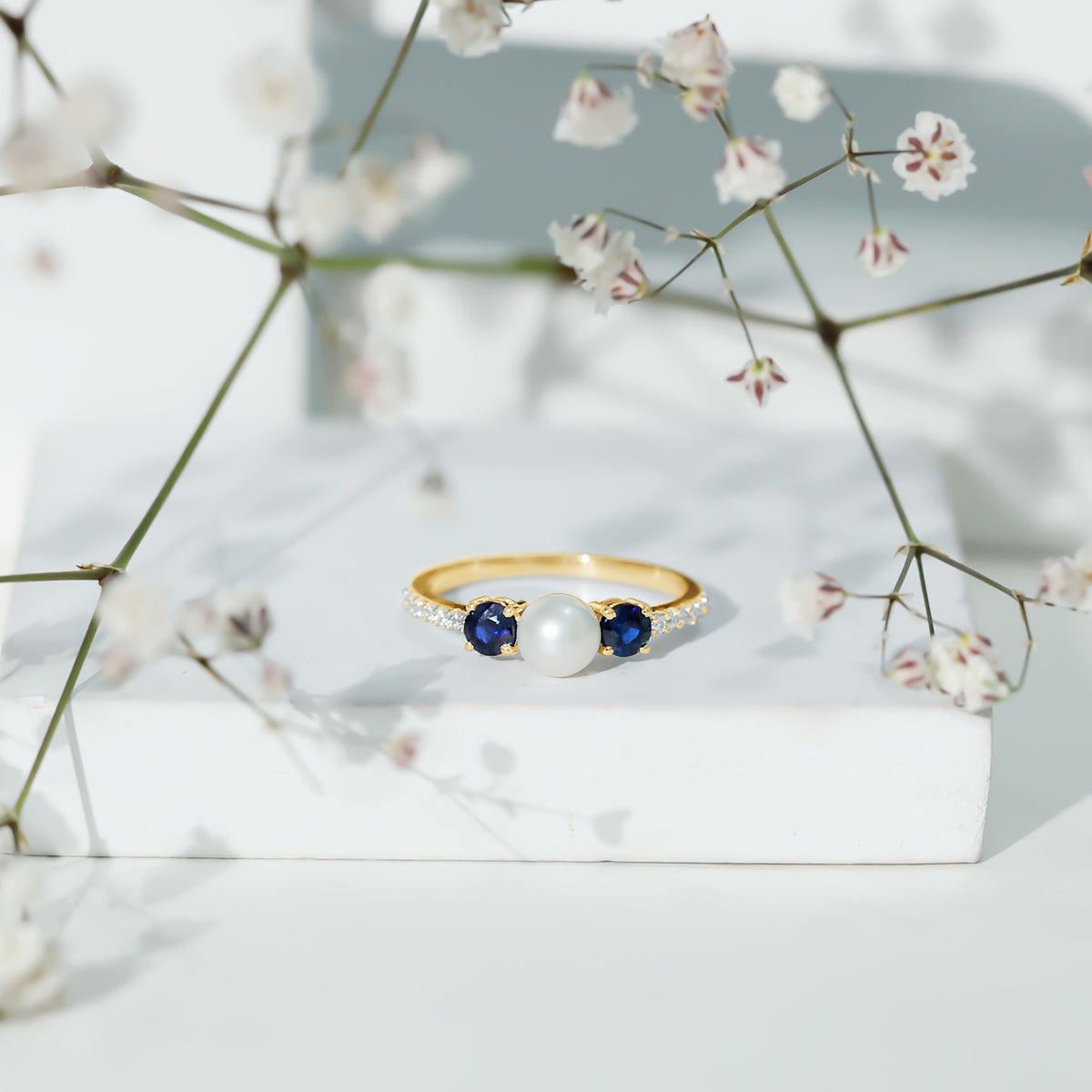 Natural Freshwater Pearl and Blue Sapphire 3 Stone Engagement Ring with Diamond AAA - Rosec Jewels