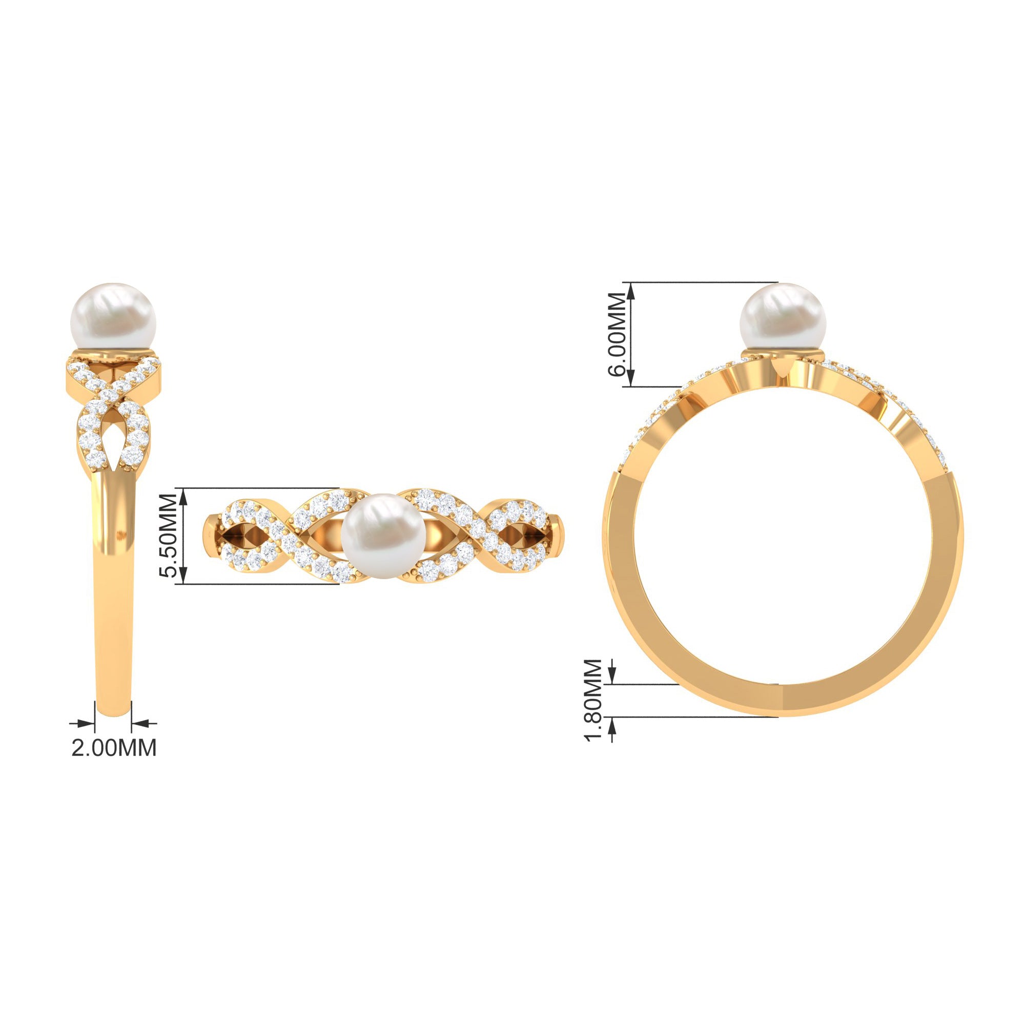 2 Carat Freshwater Pearl Crossover Engagement Ring with Diamond AAA - Rosec Jewels