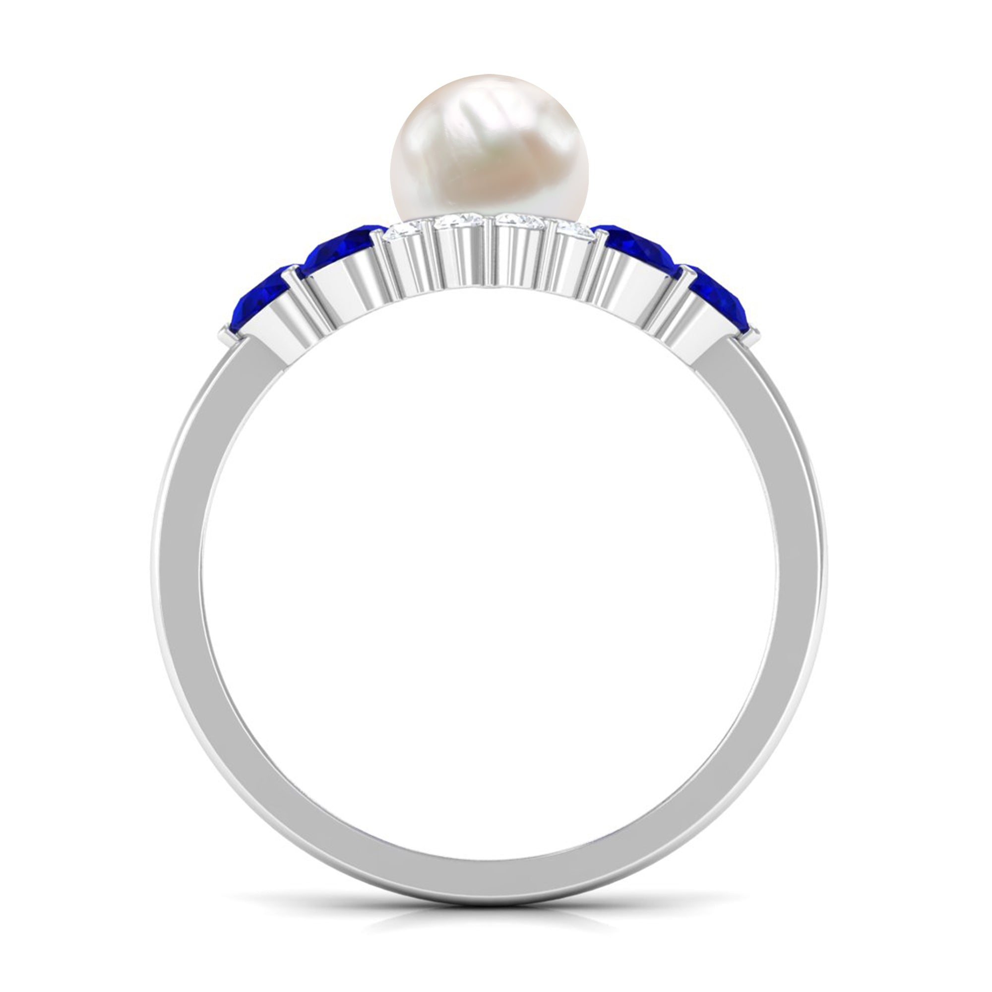 2 Carat Freshwater Pearl and Blue Sapphire Engagement Ring with Diamond AAA - Rosec Jewels