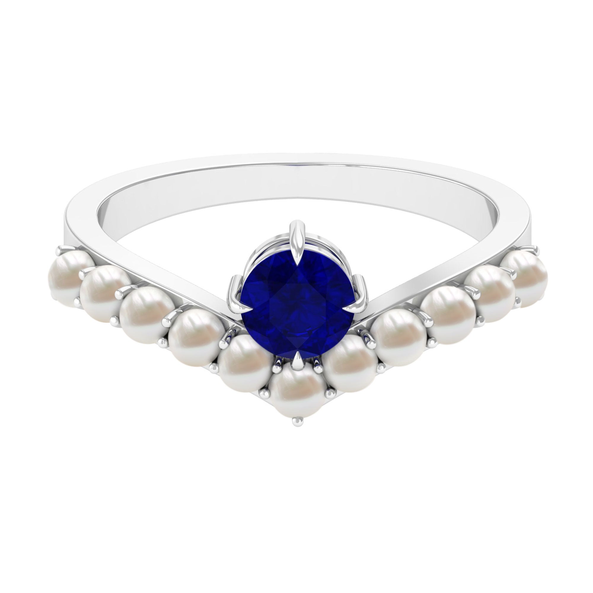 2 CT Solitaire Blue Sapphire and Freshwater Pearl Chevron Ring