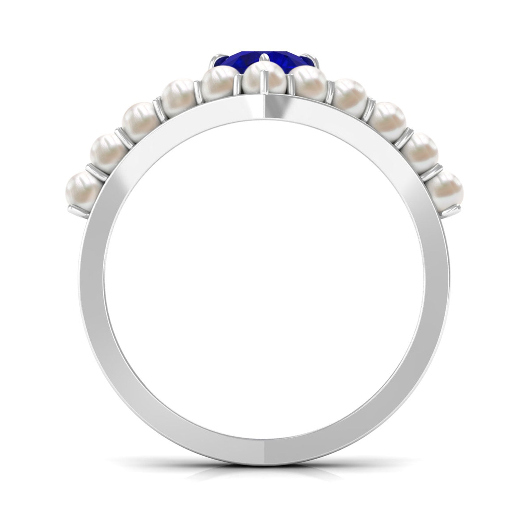 Rosec Jewels-2 CT Solitaire Blue Sapphire and Freshwater Pearl Chevron Ring