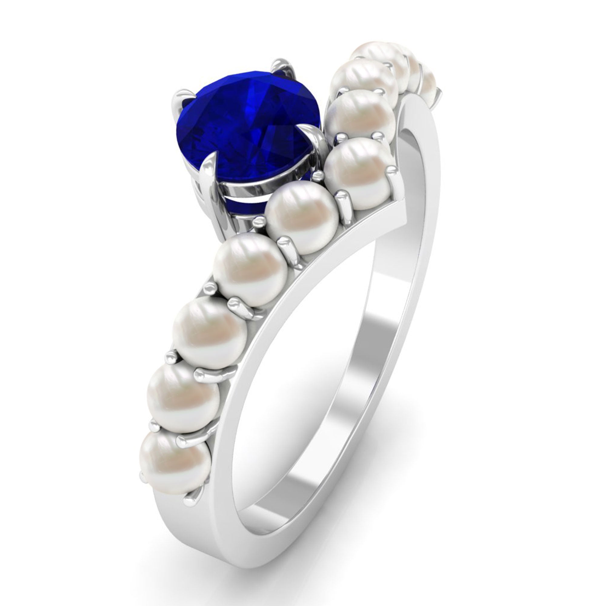 Rosec Jewels-2 CT Solitaire Blue Sapphire and Freshwater Pearl Chevron Ring