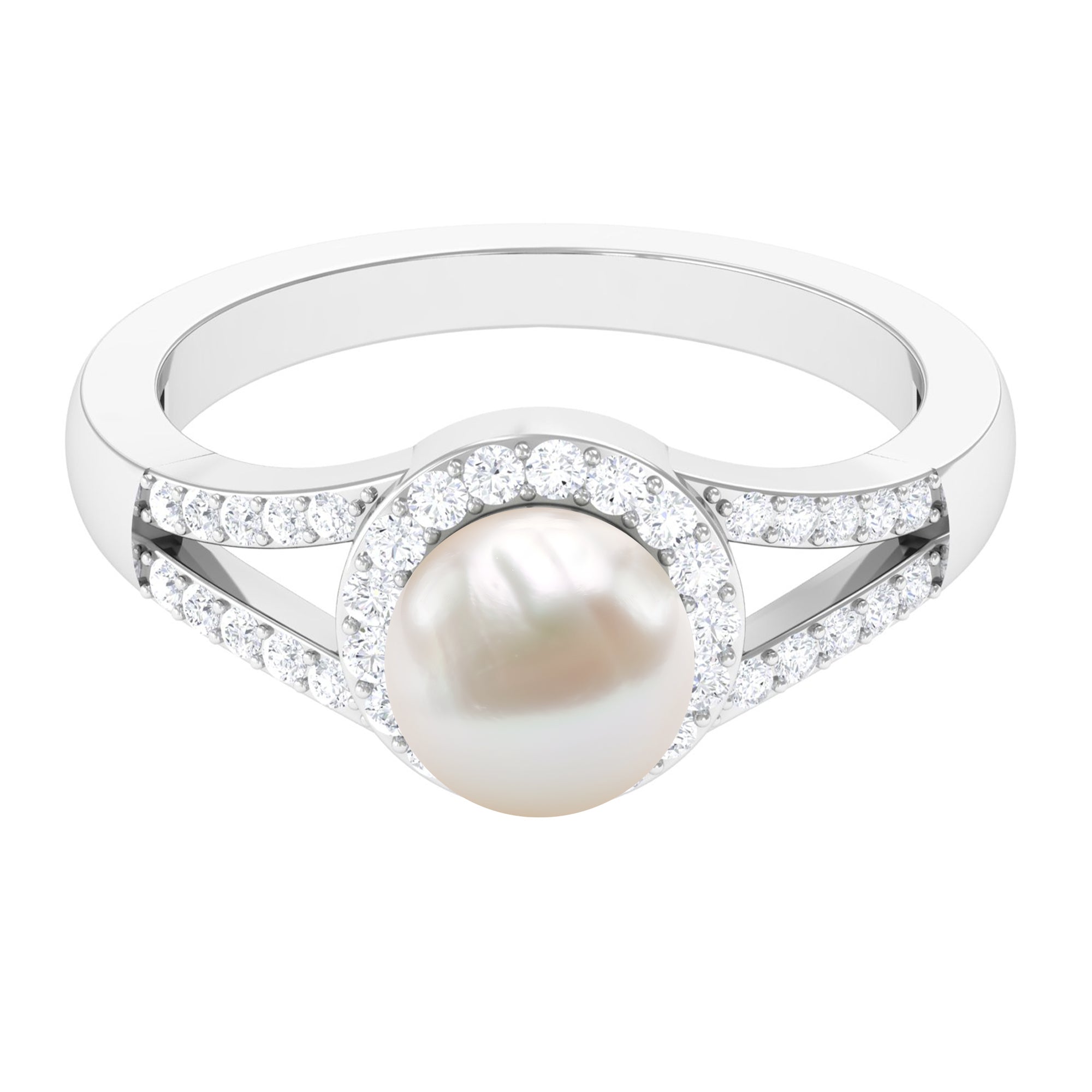 Split Shank Freshwater Pearl Engagement Ring with Diamond Halo AAA - Rosec Jewels