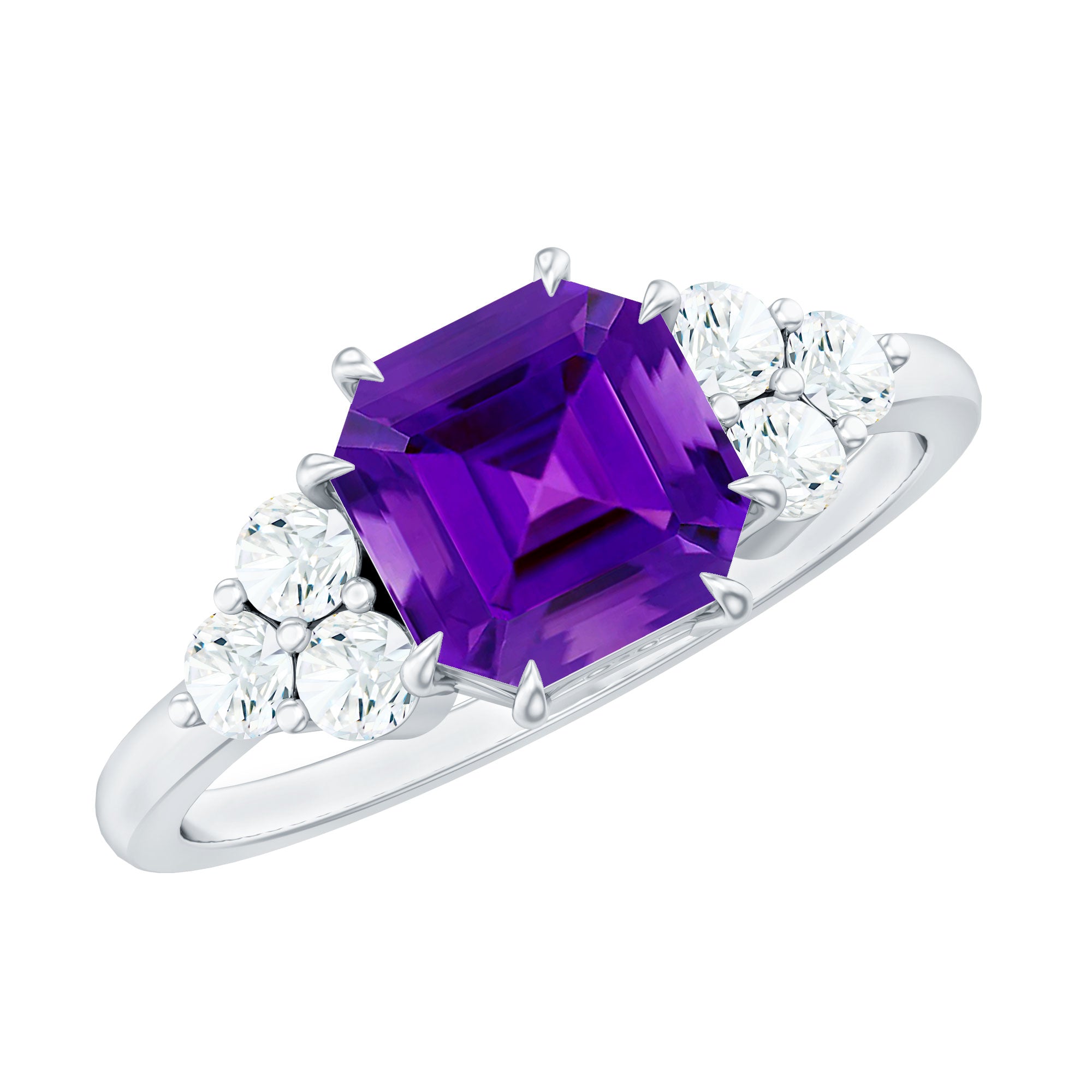 Asscher Solitaire Amethyst Engagement Ring with Diamond Trio