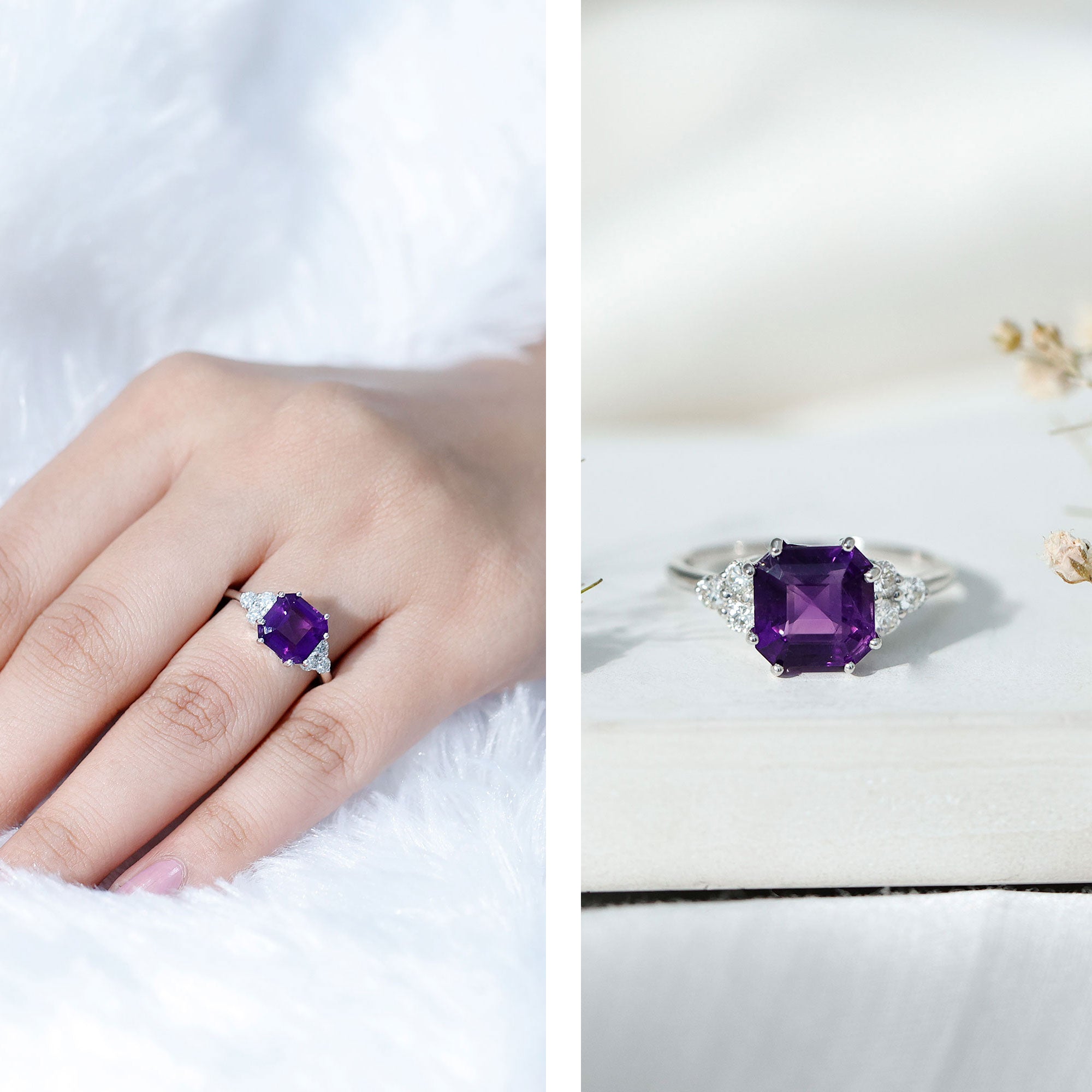 3 Carat Amethyst Asscher Cut Engagement Ring with Diamond Trio AAA - Rosec Jewels