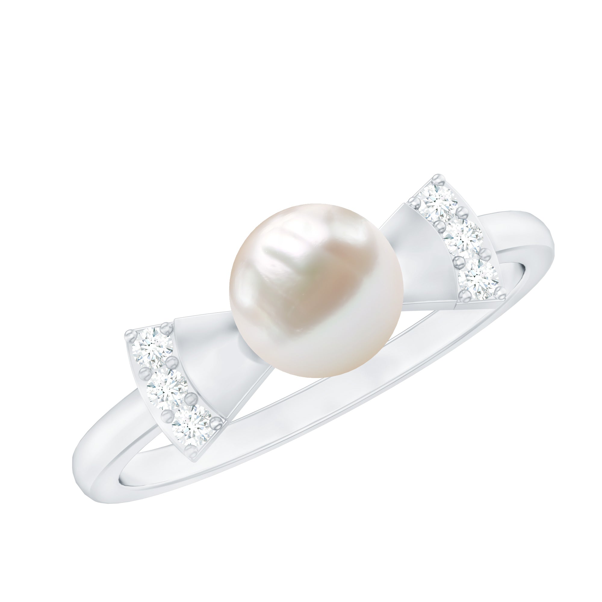 Natural 2 Carat Freshwater Pearl Diamond Engagement Ring with Bow AAA - Rosec Jewels