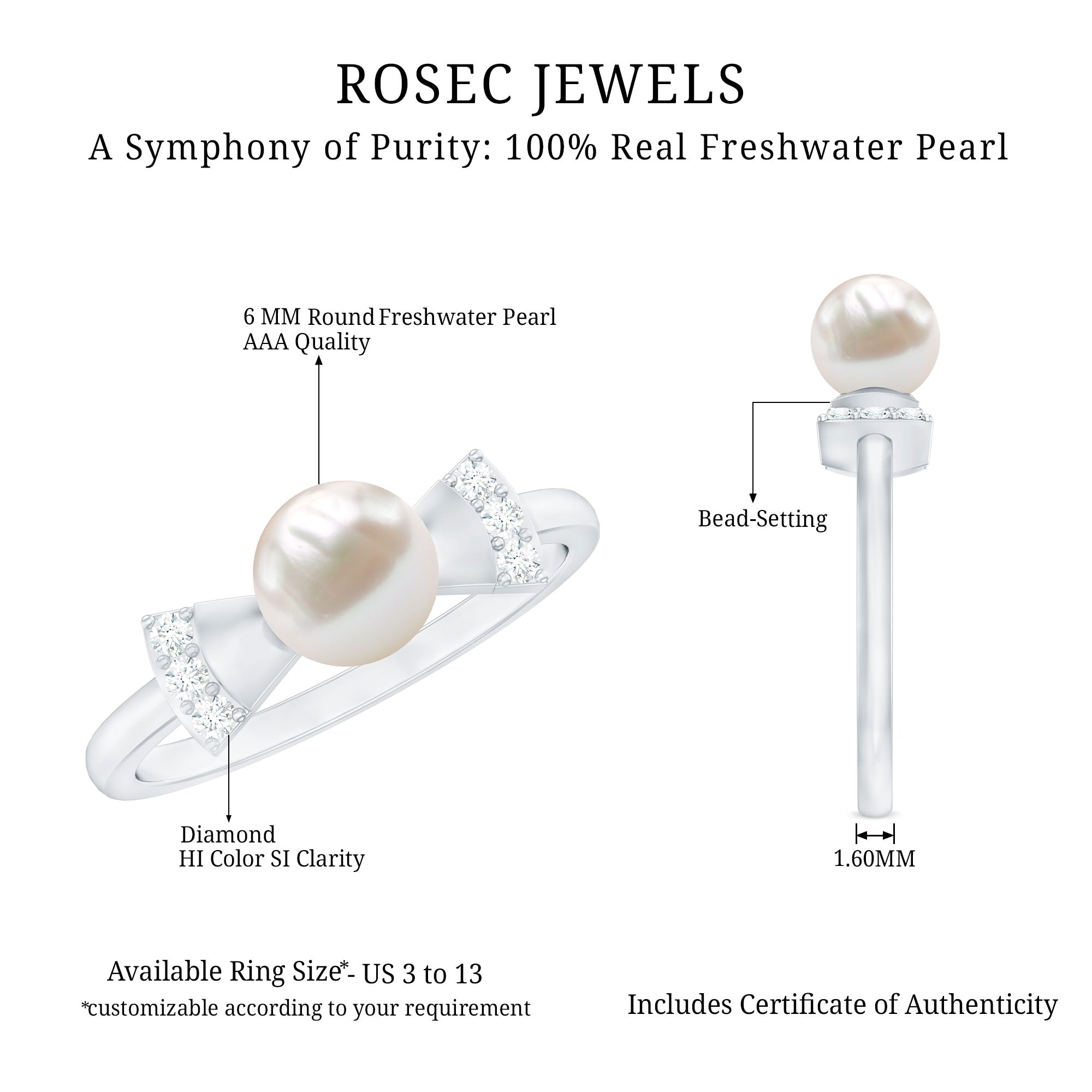 Natural 2 Carat Freshwater Pearl Diamond Engagement Ring with Bow AAA - Rosec Jewels