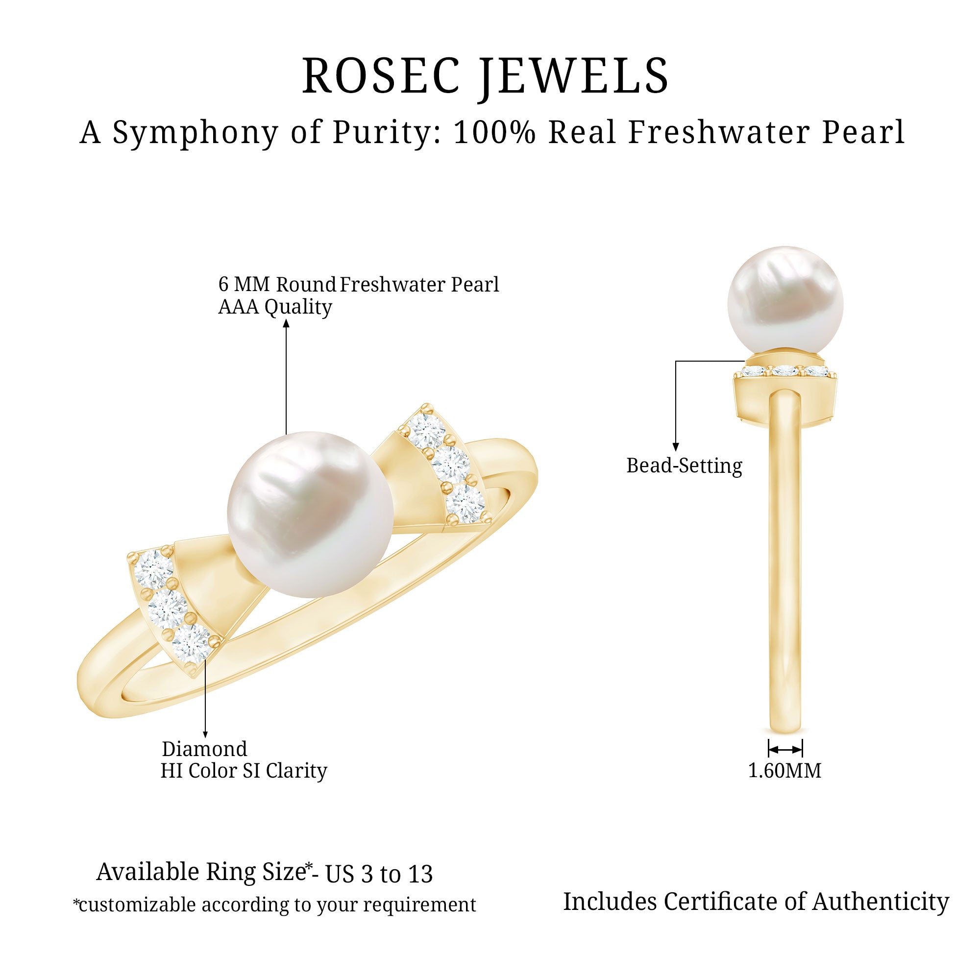 Natural 2 Carat Freshwater Pearl Diamond Engagement Ring with Bow AAA - Rosec Jewels