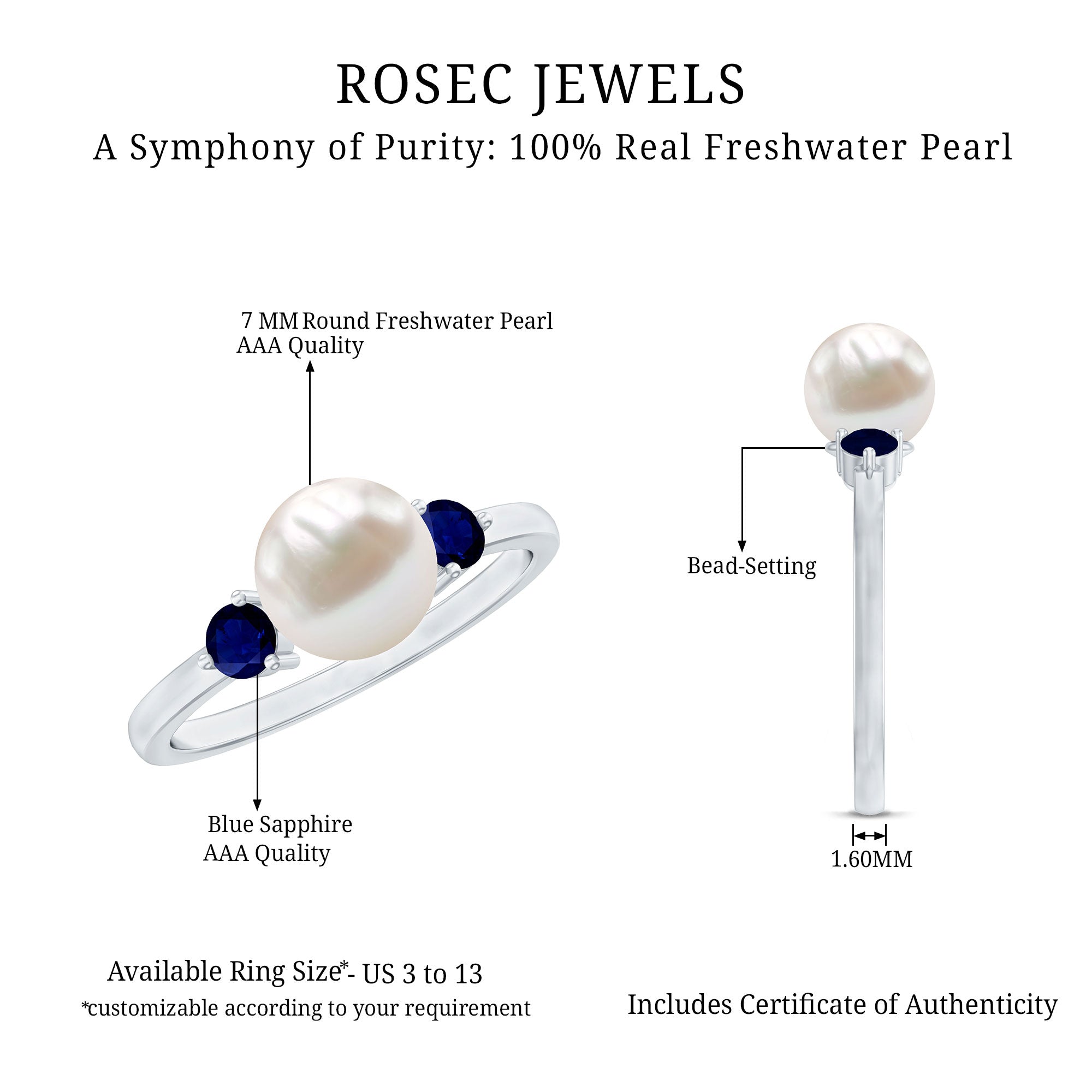 Rosec Jewels-Cultured Freshwater Pearl Engagement Ring with Blue Sapphire