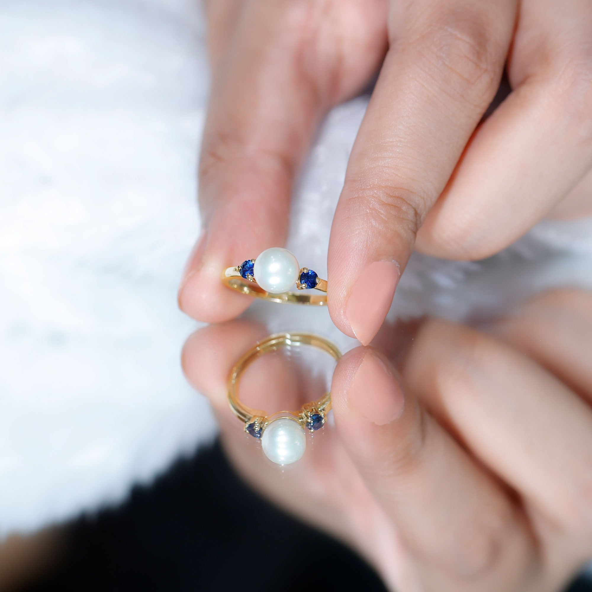 Rosec Jewels-Cultured Freshwater Pearl Engagement Ring with Blue Sapphire