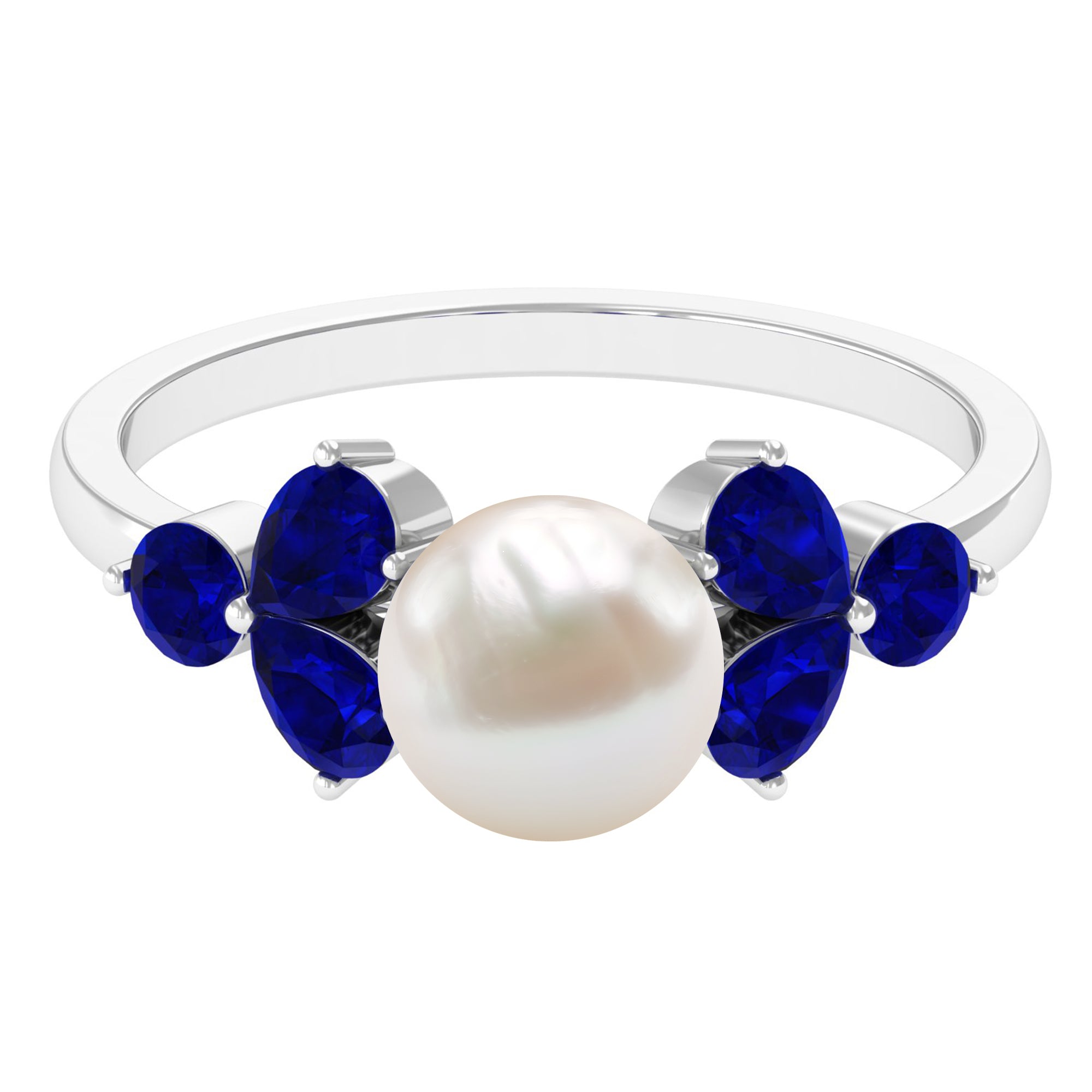 Rosec Jewels-Natural 7.4 Carat Freshwater Pearl Engagement Ring with Blue Sapphire Trio