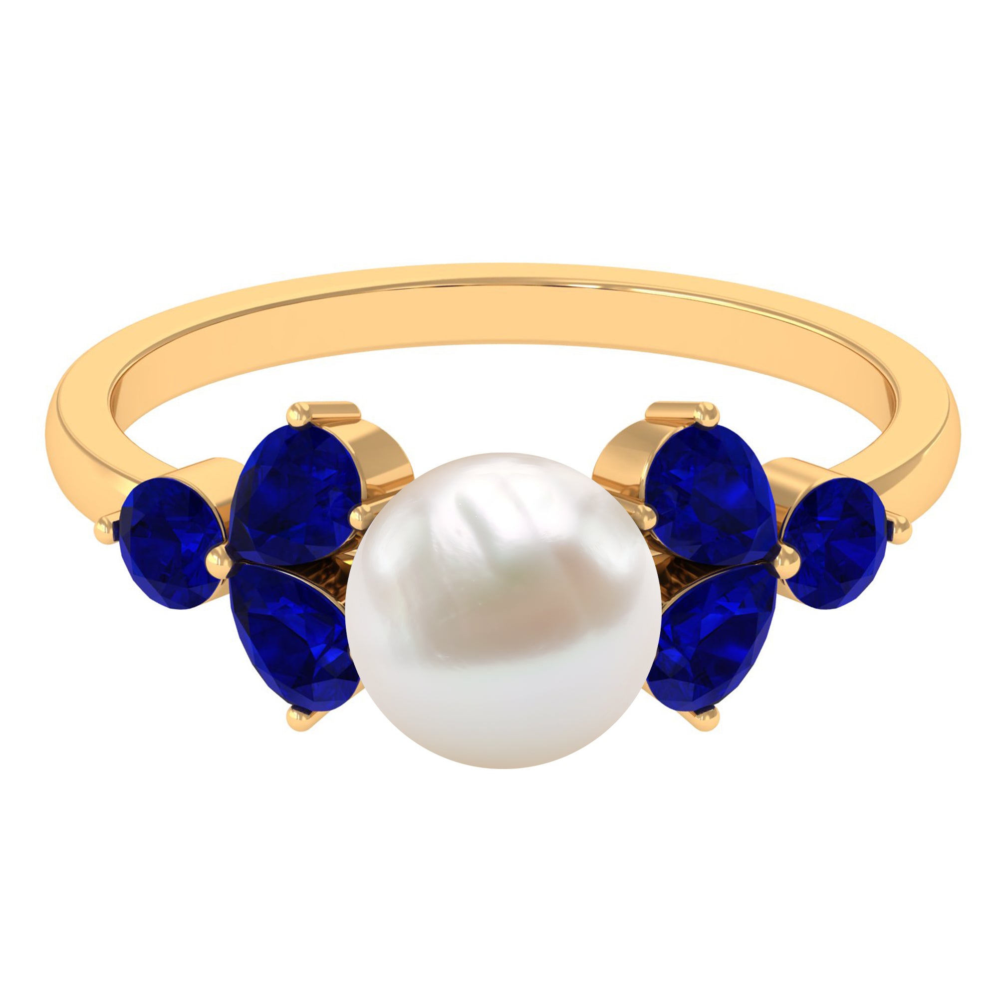 Natural 7.4 Carat Freshwater Pearl Engagement Ring with Blue Sapphire Trio AAA - Rosec Jewels