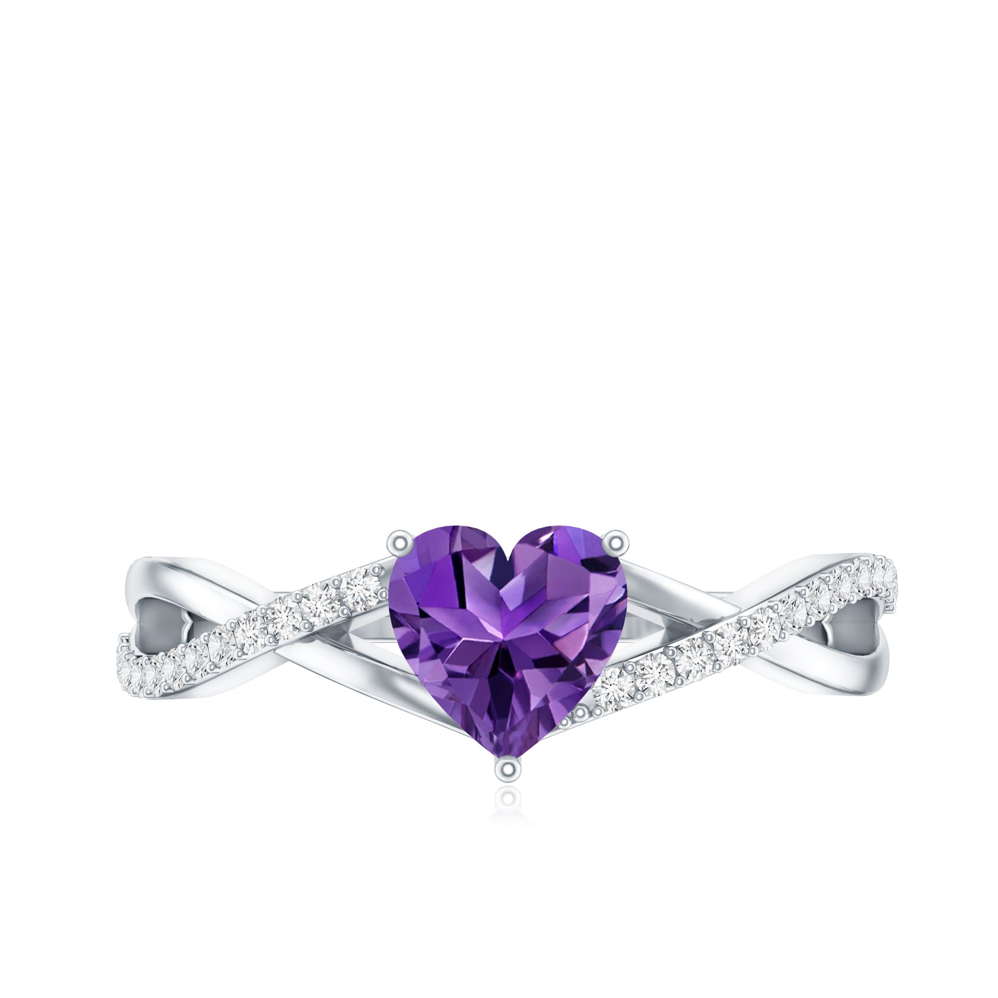 Rosec Jewels-Genuine 0.9 Carat Amethyst Heart Engagement Ring with Diamond Crossover Shank