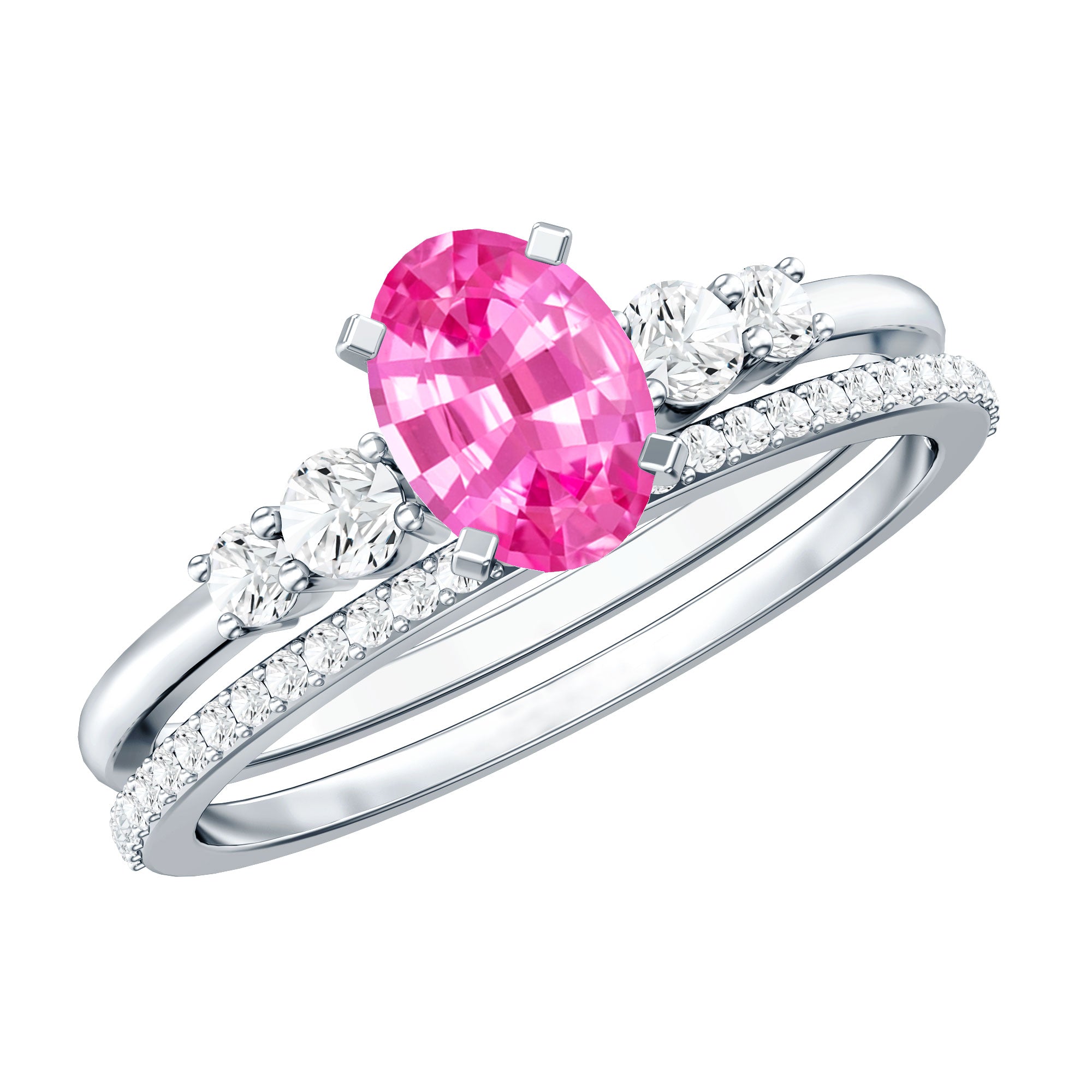 1.50 CT Oval Cut Solitaire Created Pink Sapphire Ring Set with Diamond AAAA - Rosec Jewels