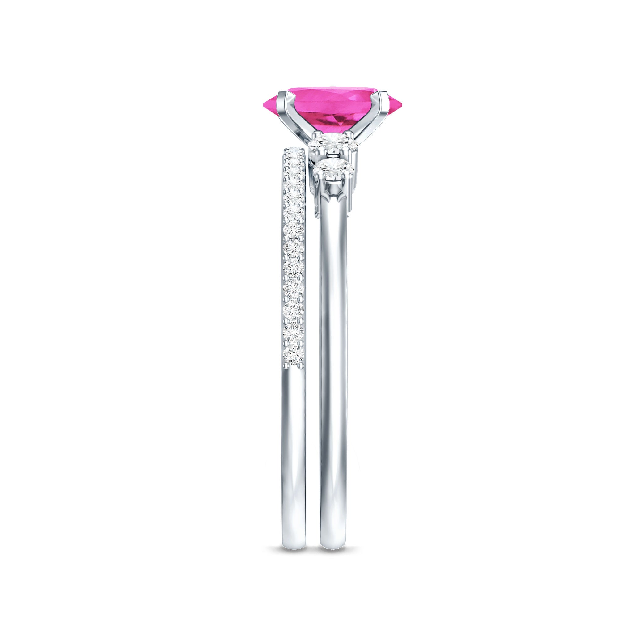 1.50 CT Oval Cut Solitaire Created Pink Sapphire Ring Set with Diamond AAAA - Rosec Jewels