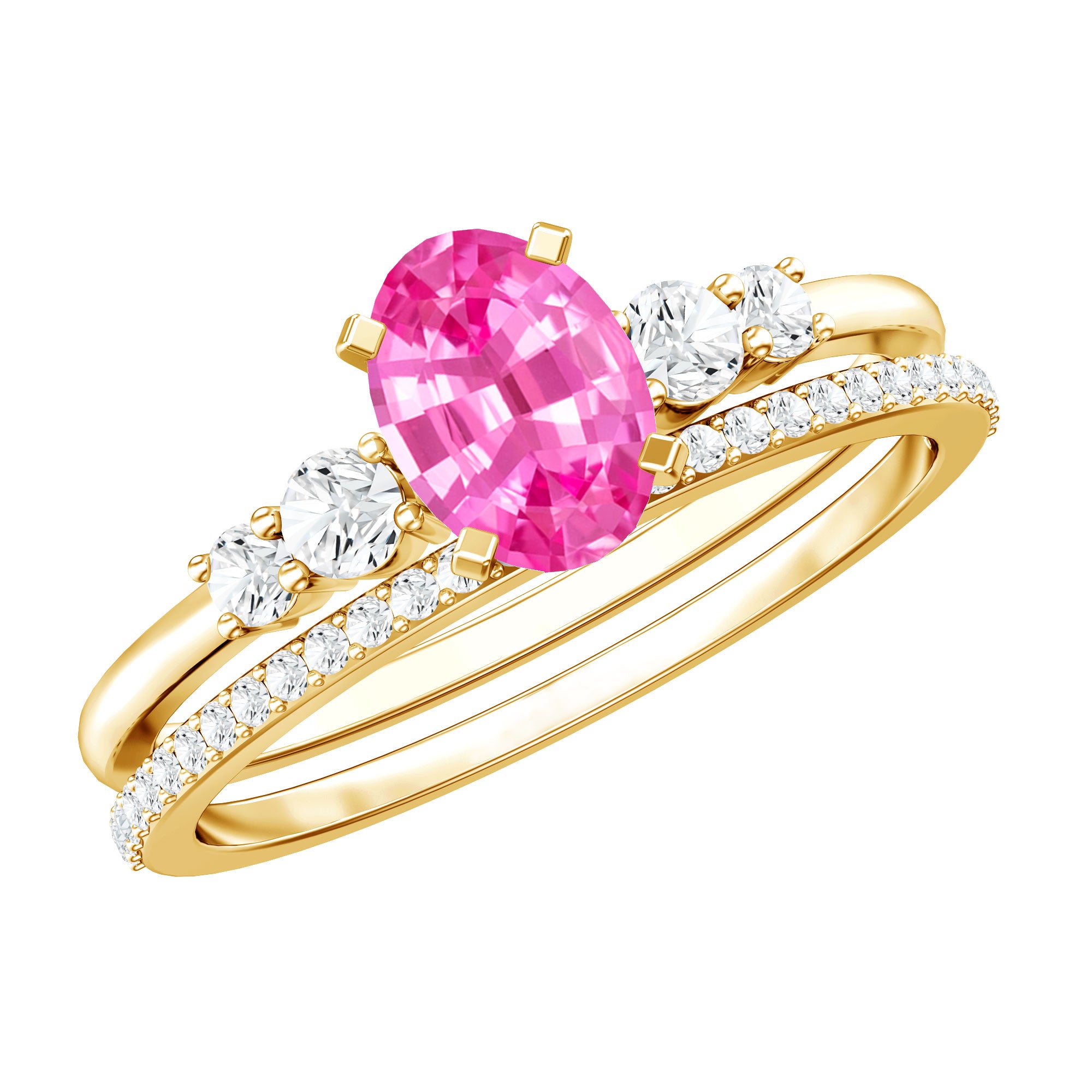 1.50 CT Oval Cut Solitaire Created Pink Sapphire Ring Set with Diamond AAAA - Rosec Jewels