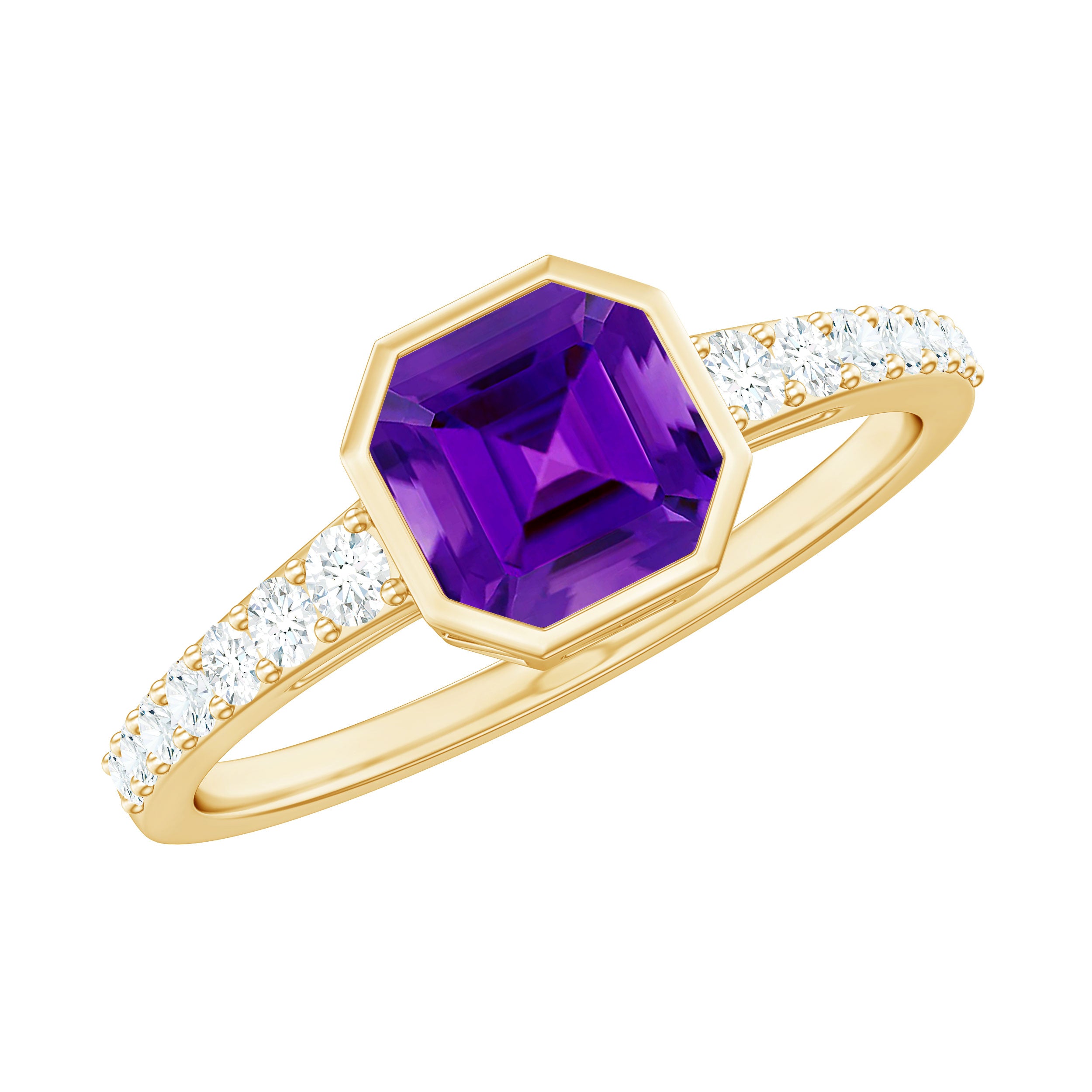 Rosec Jewels-Bezel Asscher Amethyst Solitaire Ring with Diamond Side Stones