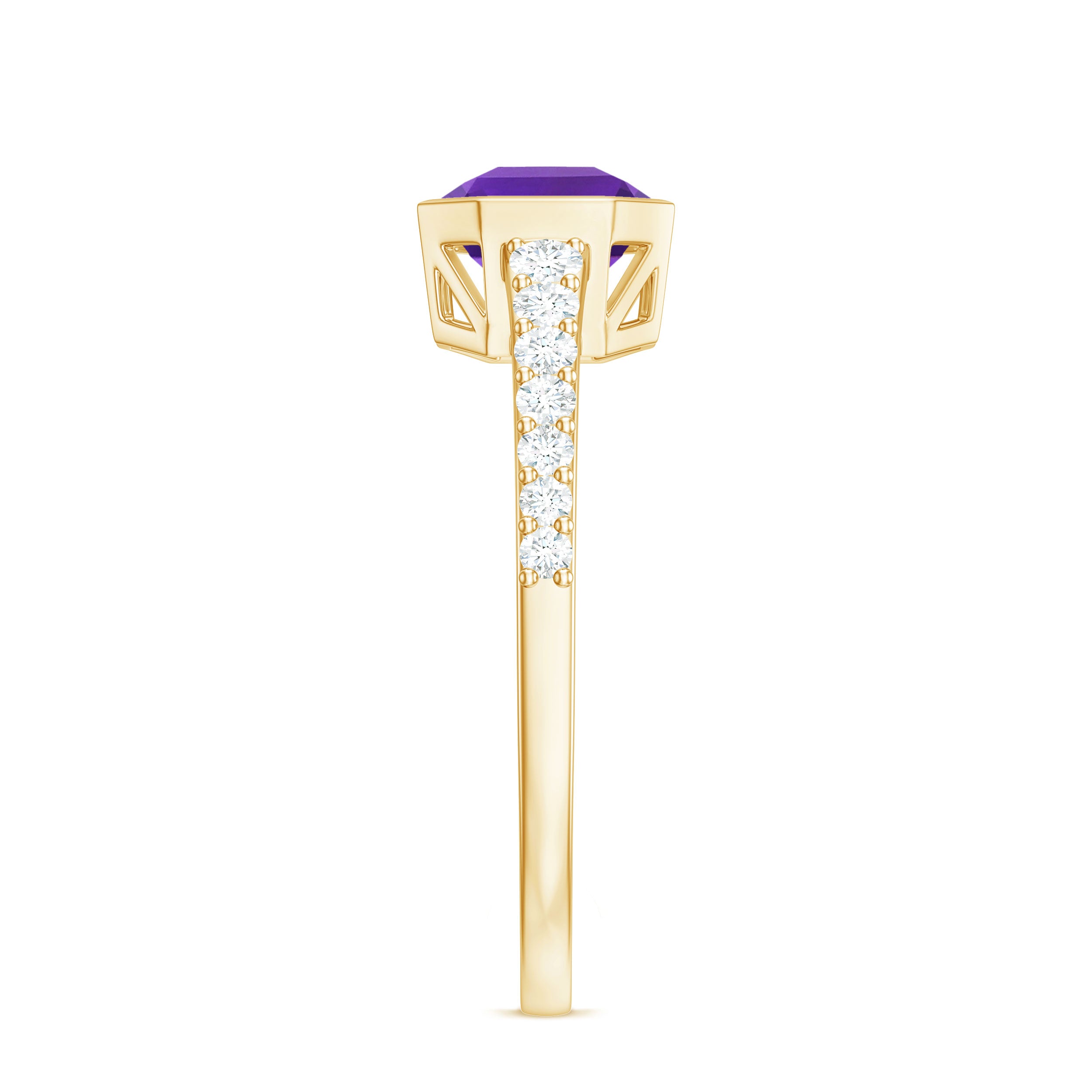 Rosec Jewels-Bezel Asscher Amethyst Solitaire Ring with Diamond Side Stones