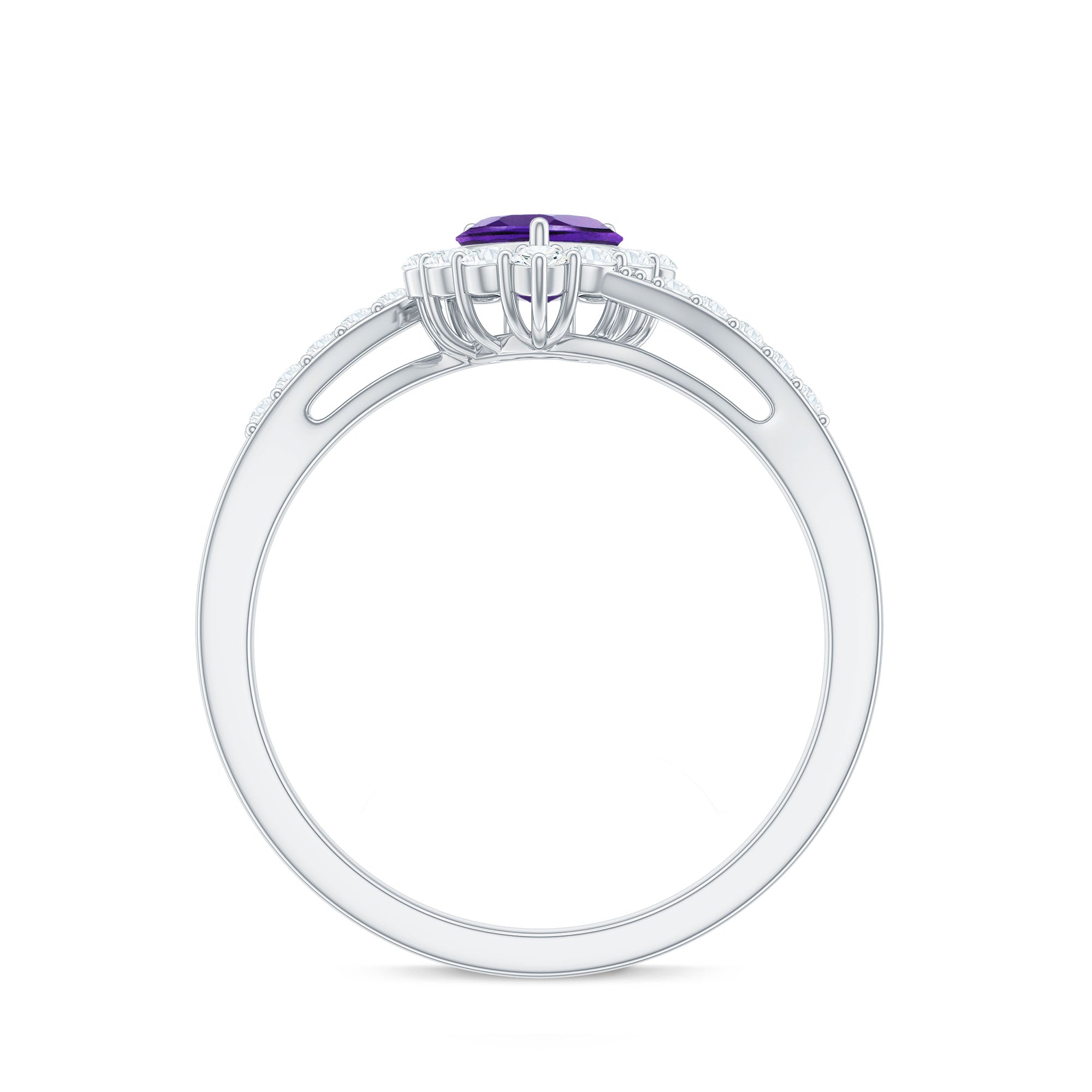 Real 0.9 Carat Amethyst Heart Engagement Ring with Diamond Halo AAA - Rosec Jewels
