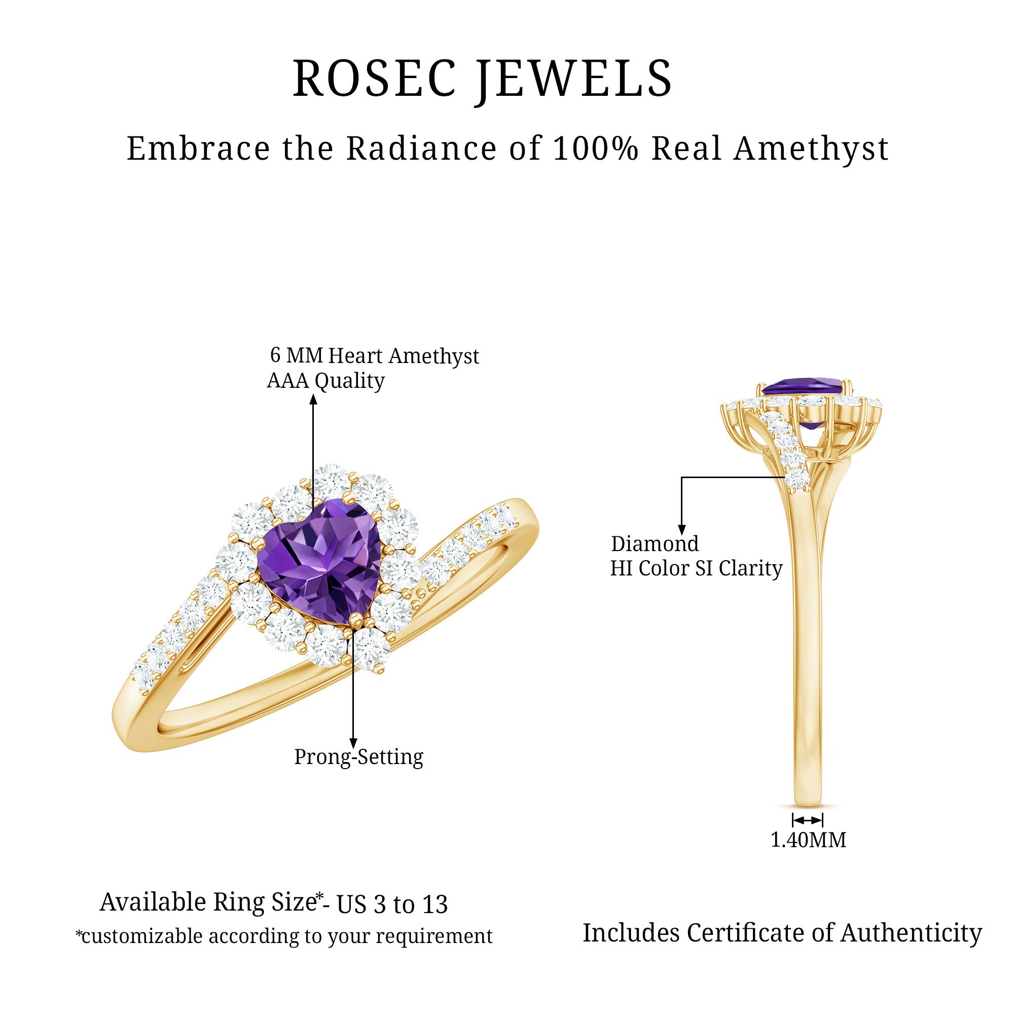 Real 0.9 Carat Amethyst Heart Engagement Ring with Diamond Halo AAA - Rosec Jewels