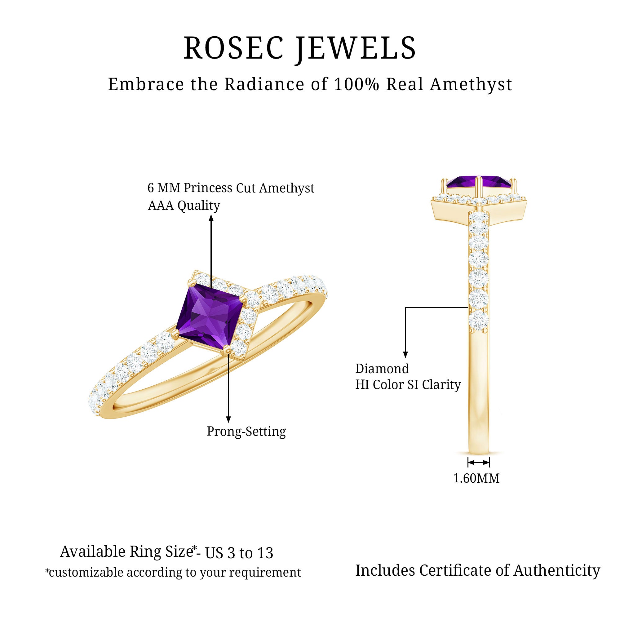 Certified Real 1.2 Carat Amethyst Princess Cut Engagement Ring with Diamond AAA - Rosec Jewels
