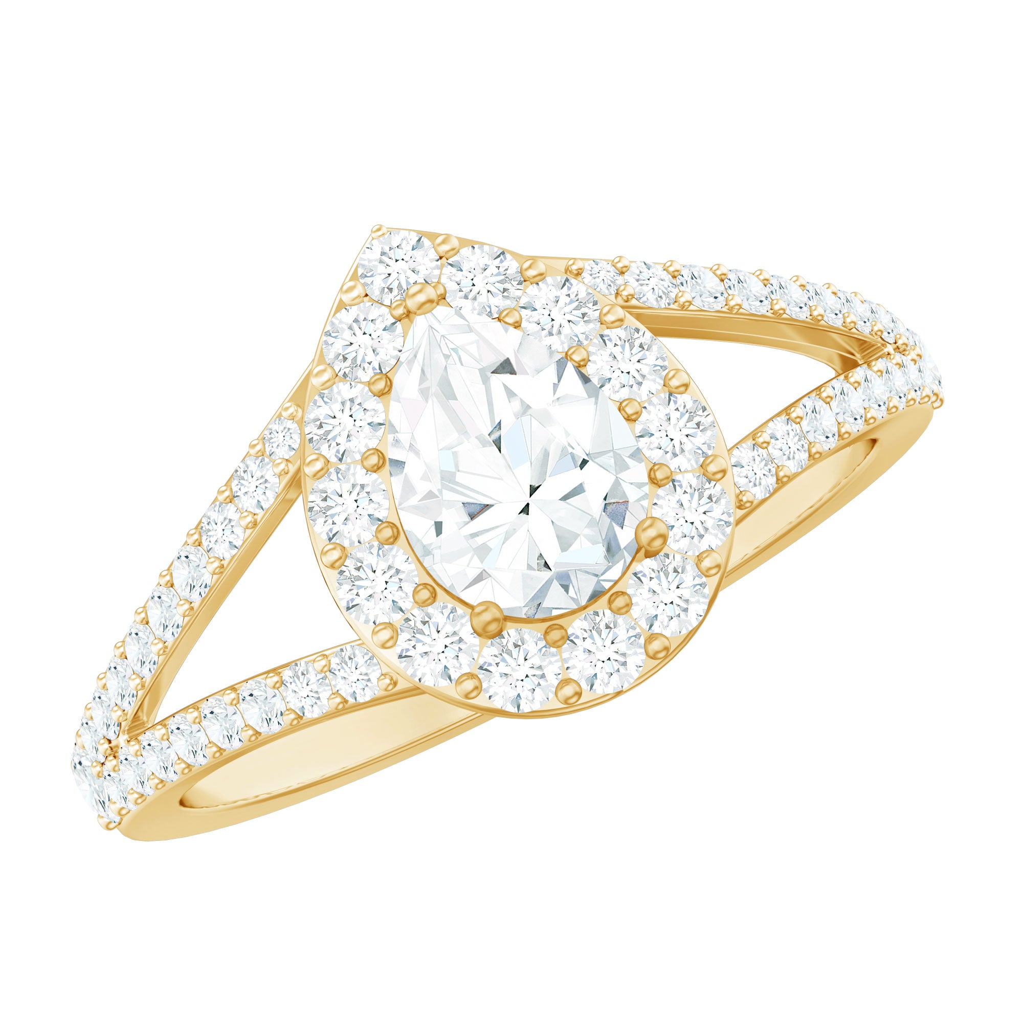Pear Shape Cubic Zirconia Halo Engagement Ring in Split Shank AAAA - Rosec Jewels