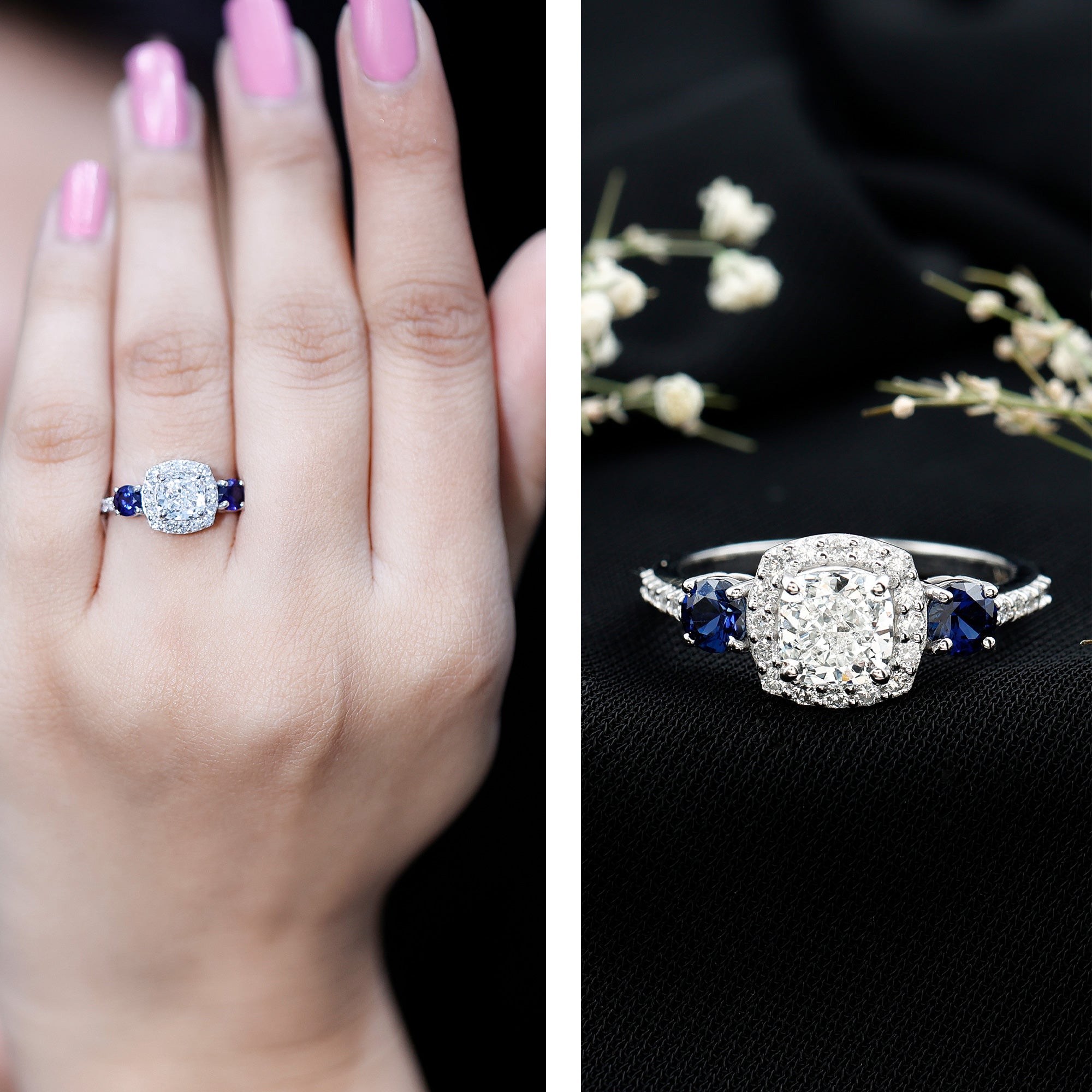 Certified 1.7 Carat Cushion Cut Lab Grown Diamond Engagement Ring with Blue Sapphire Lab - ( EF-VS ) - Rosec Jewels