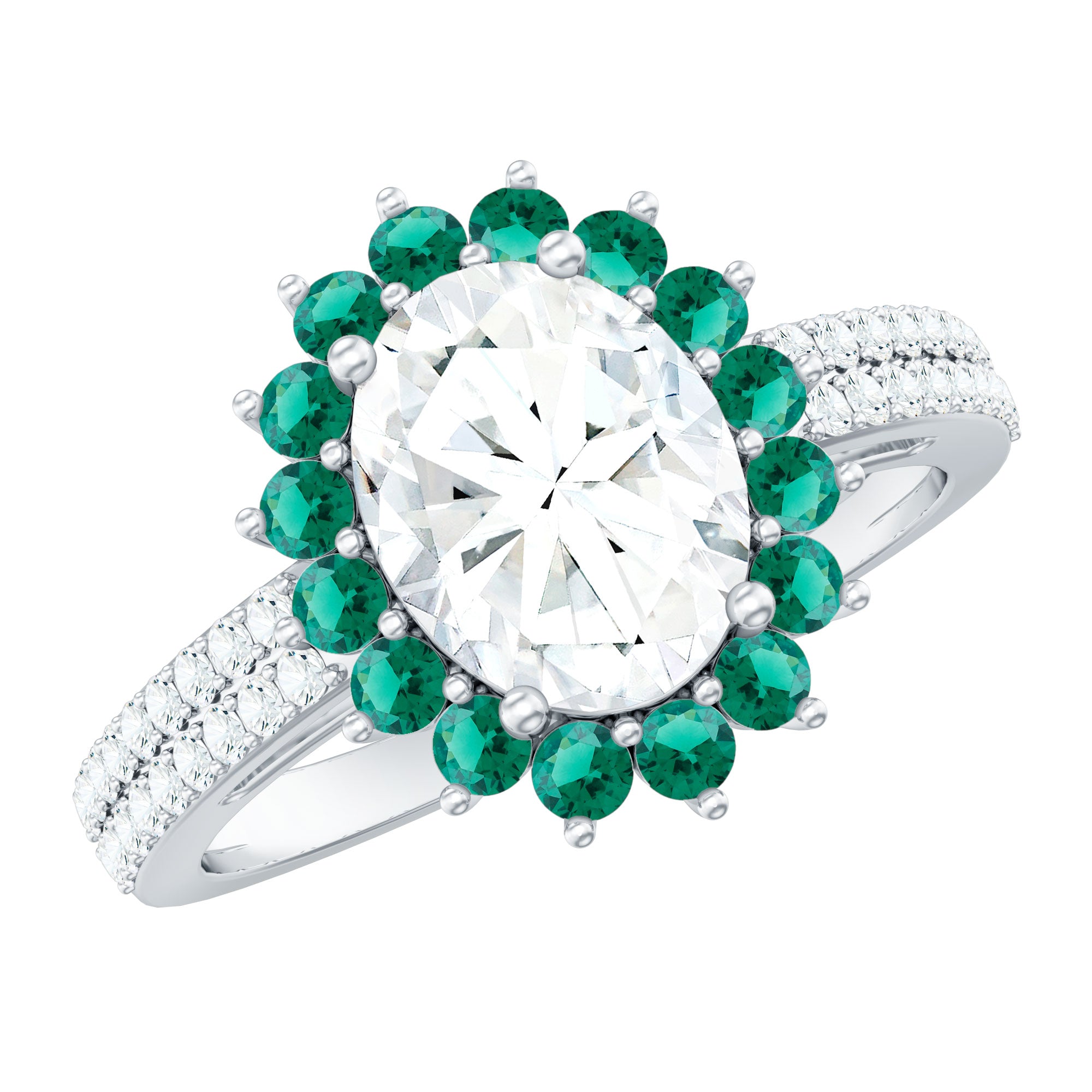 Certified 7X9 mm Oval Moissanite Engagement Ring with Emerald Halo