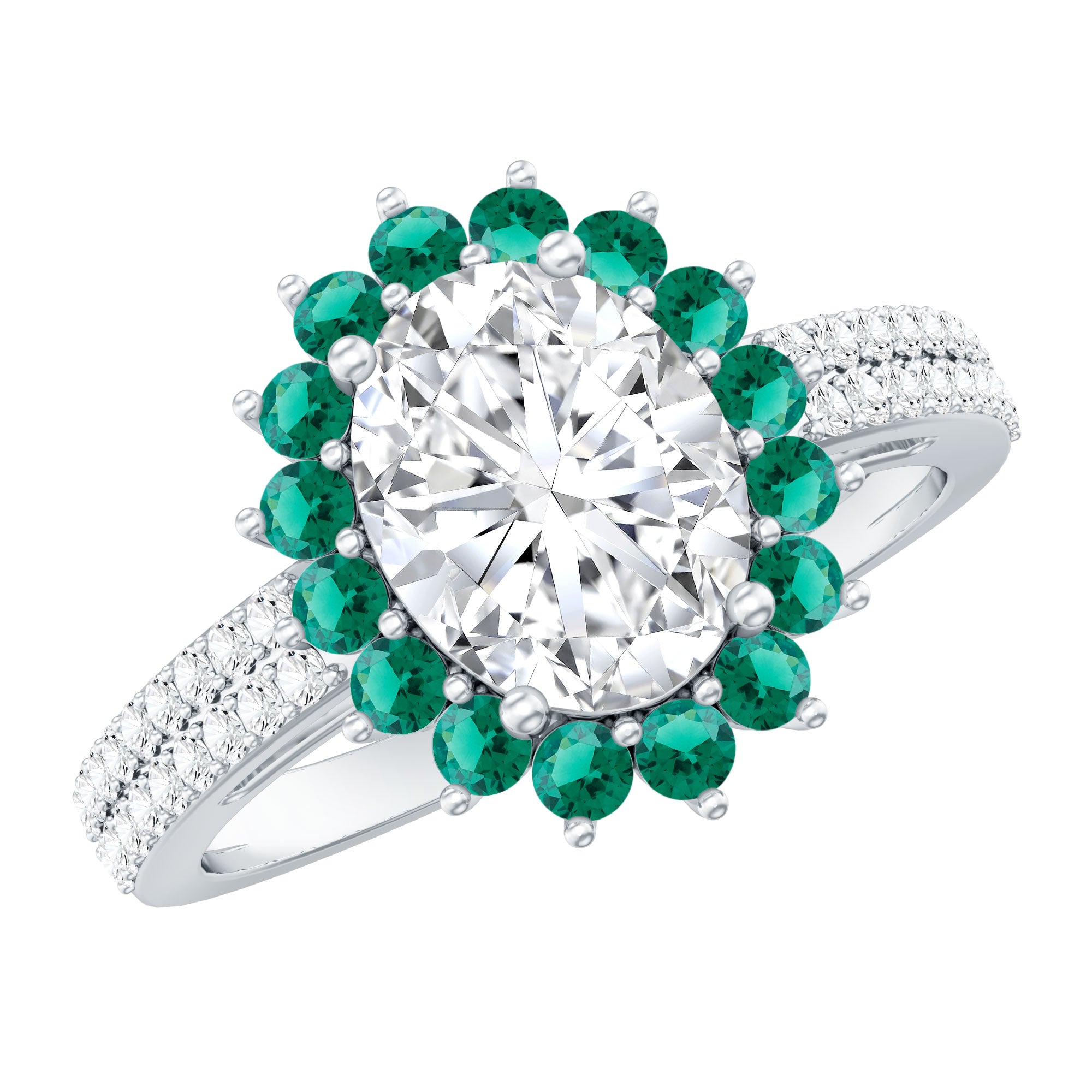 Certified 2 Carat Lab Grown Diamond Engagement Ring with Emerald Halo Lab - ( EF-VS ) - Rosec Jewels