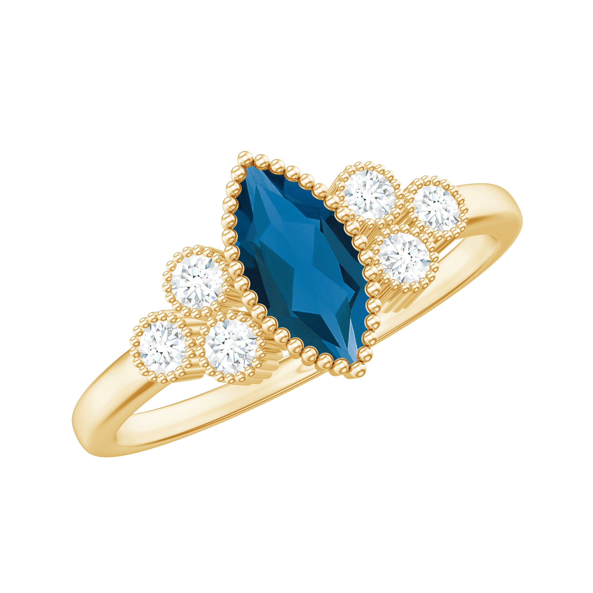 London Blue Topaz Marquise Engagement Ring with Diamond Trio AAA - Rosec Jewels