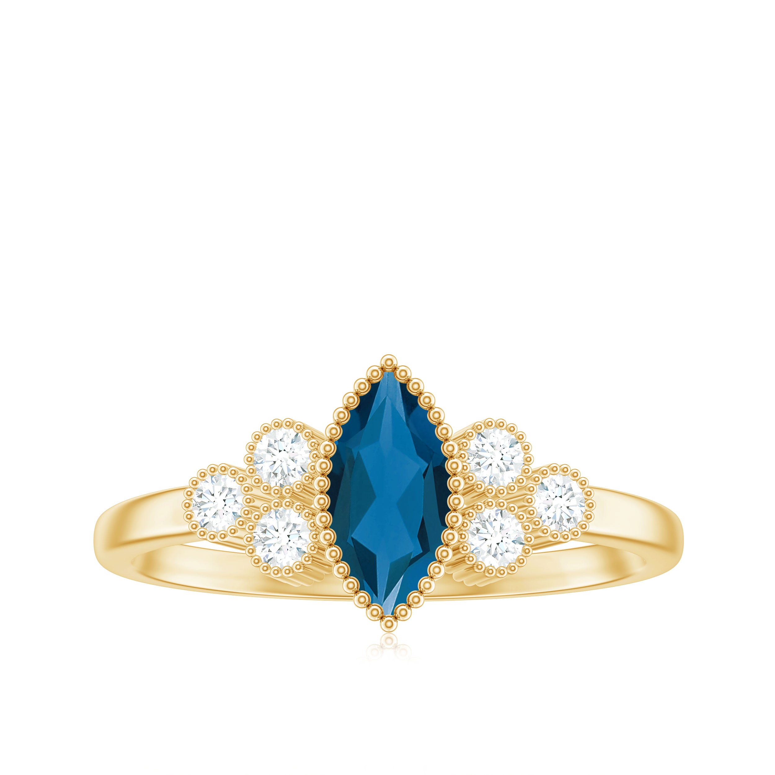 London Blue Topaz Marquise Engagement Ring with Diamond Trio AAA - Rosec Jewels