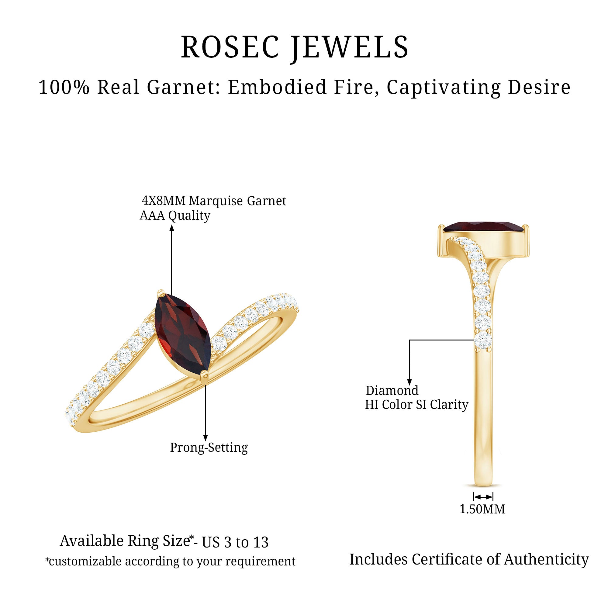 Natural Marquise Garnet Promise Ring with Diamond Bypass Shank AAA - Rosec Jewels