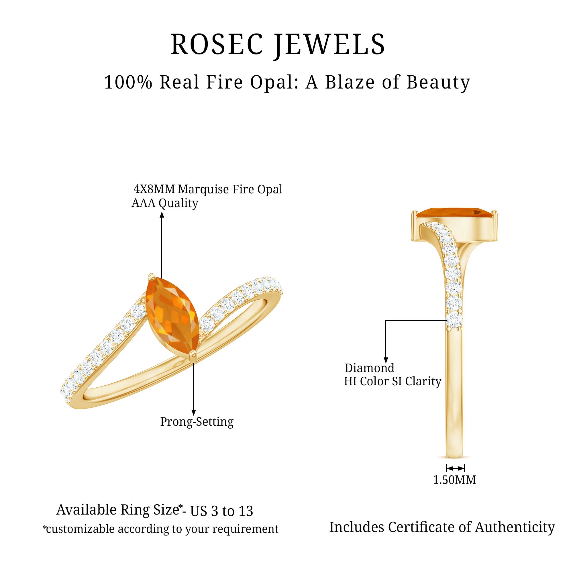 1/2 Ct Bypass Engagement Ring with Fire Opal and Diamond AAA - Rosec Jewels