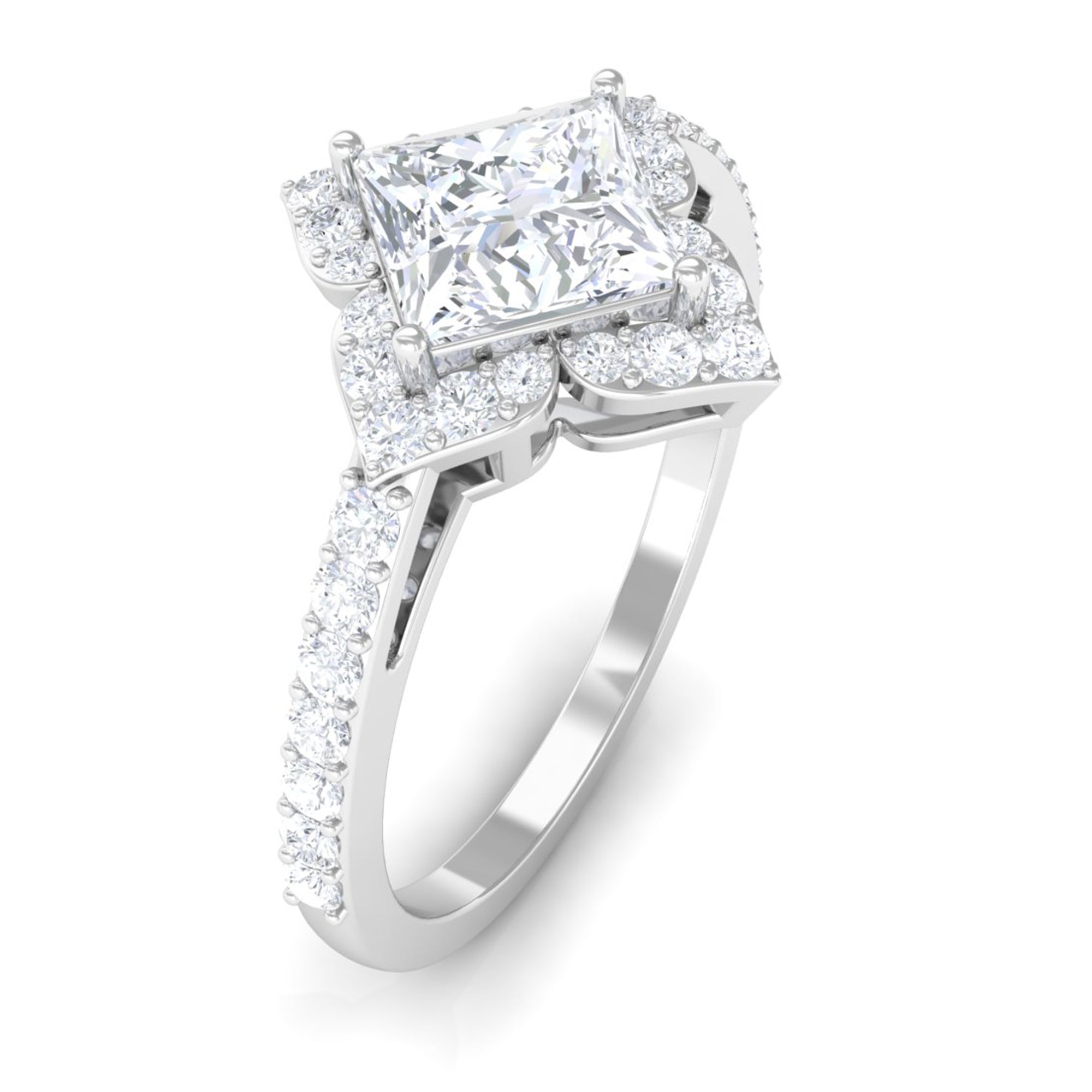 1.75 CT Princess Cut Zircon Engagement Ring Floral Halo AAAA - Rosec Jewels