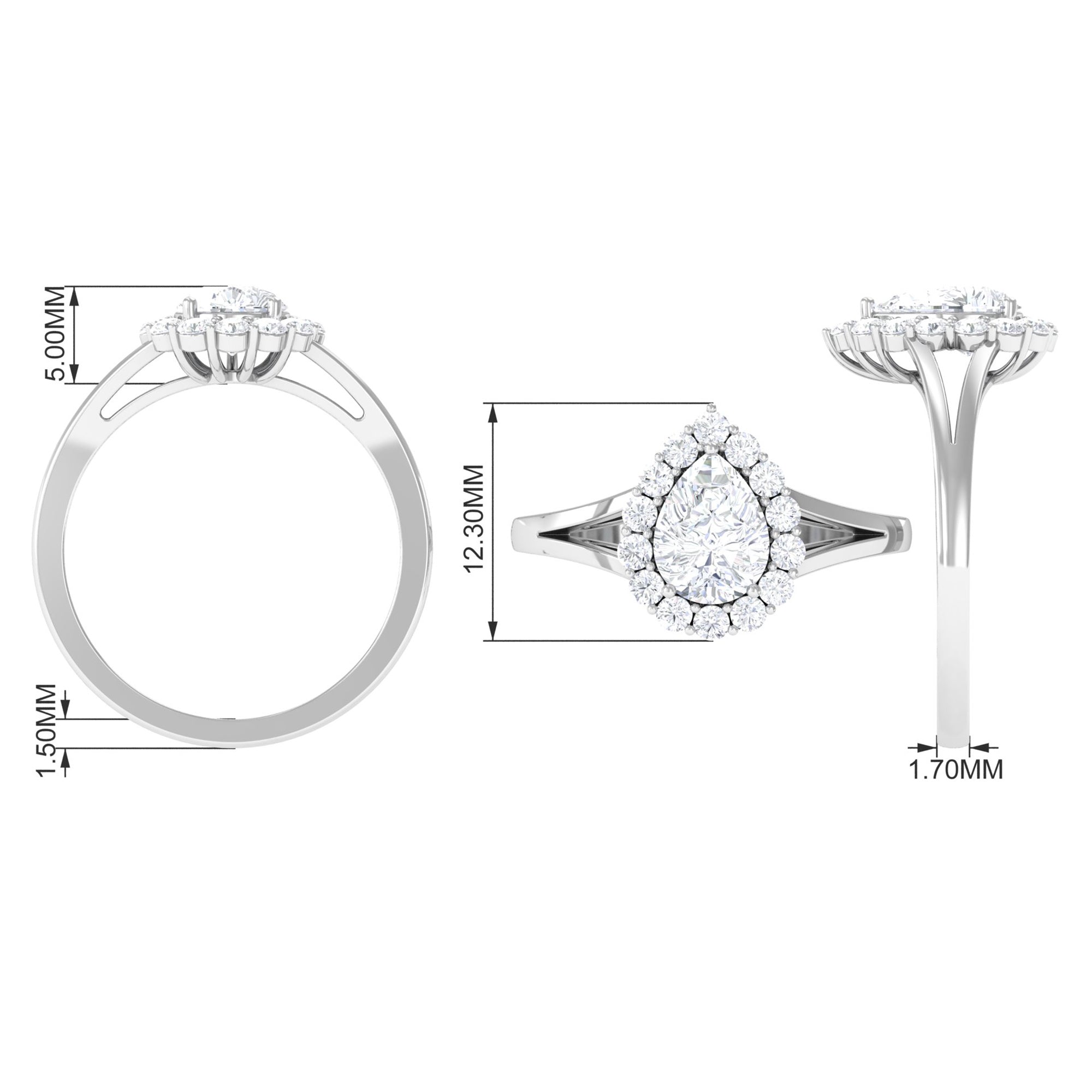 Zircon Pear Halo Engagement Ring with Split Shank AAAA - Rosec Jewels