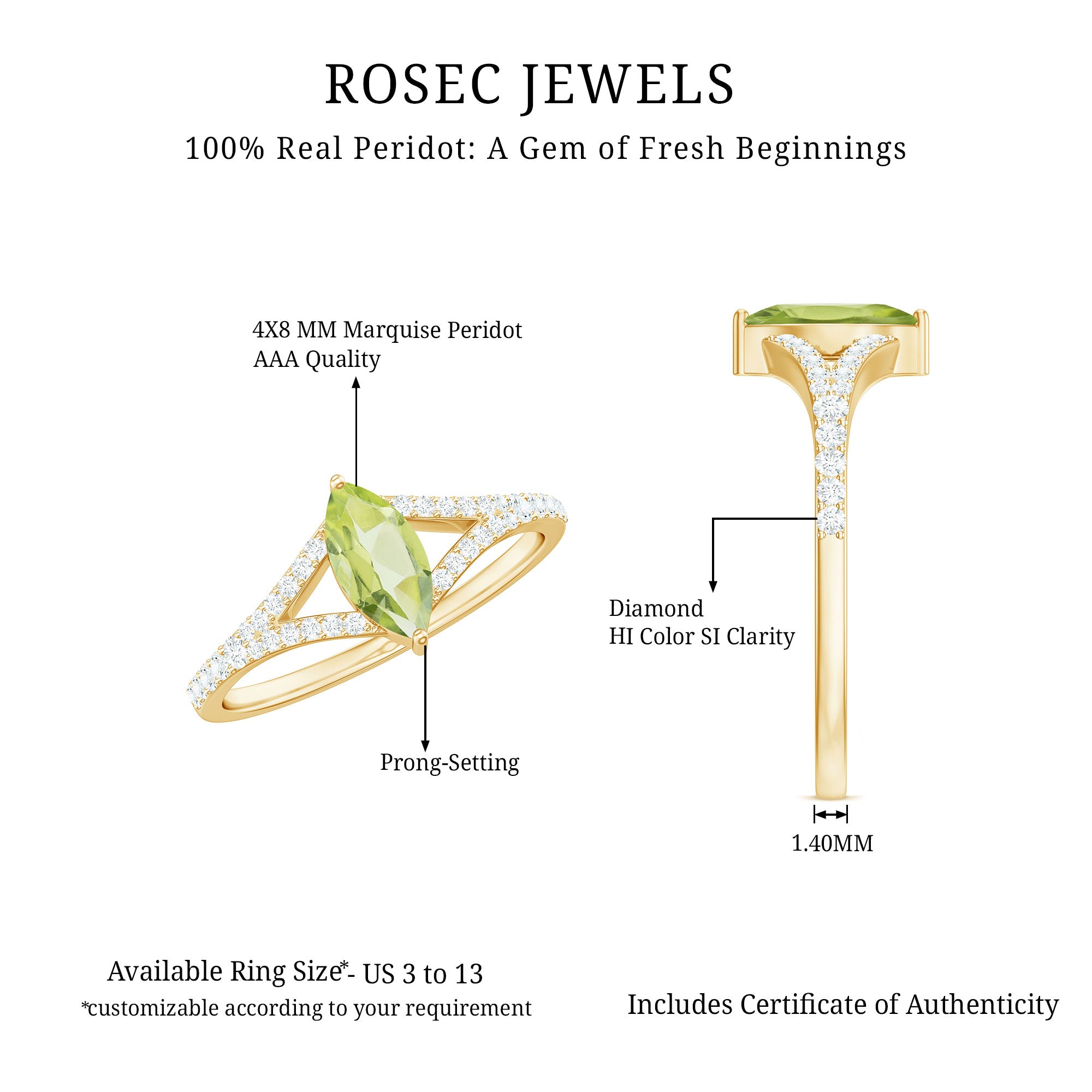 Rosec Jewels-Natural 0.7 Carat Marquise Shape Peridot Promise Ring with Diamond Split Shank