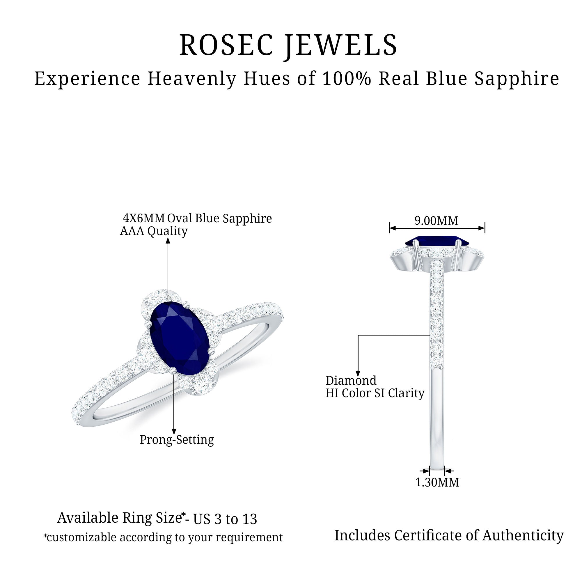 Rosec Jewels-Natural 0.6 Carat Blue Sapphire Oval Engagement Ring with Diamond