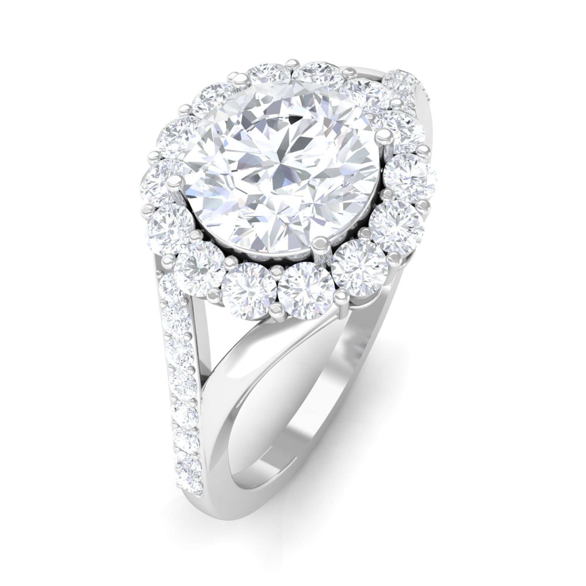 Round Zircon Halo Engagement Ring with Split Shank AAAA - Rosec Jewels