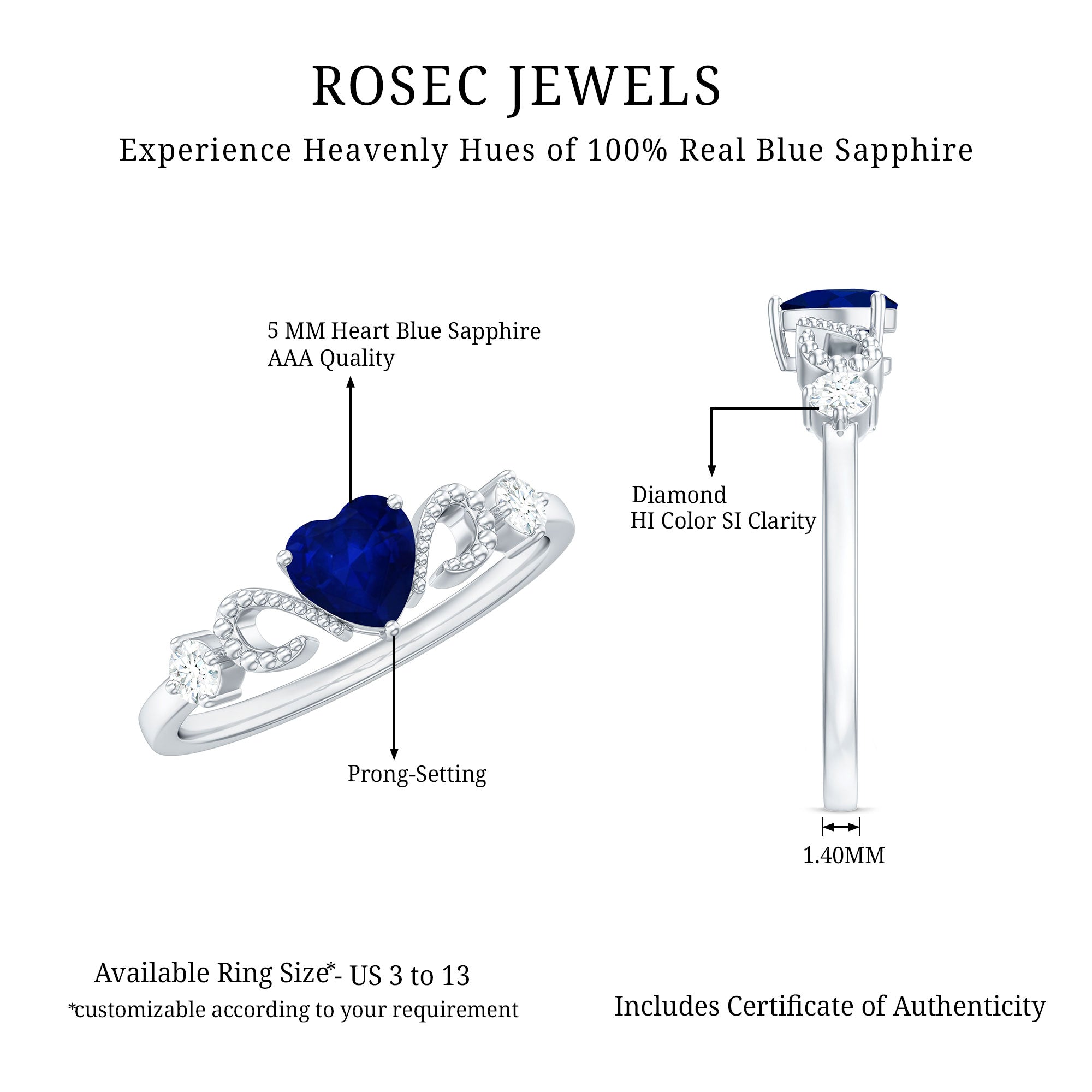 Natural 0.6 Carat Blue Sapphire Heart Promise Ring with Diamond AAA - Rosec Jewels