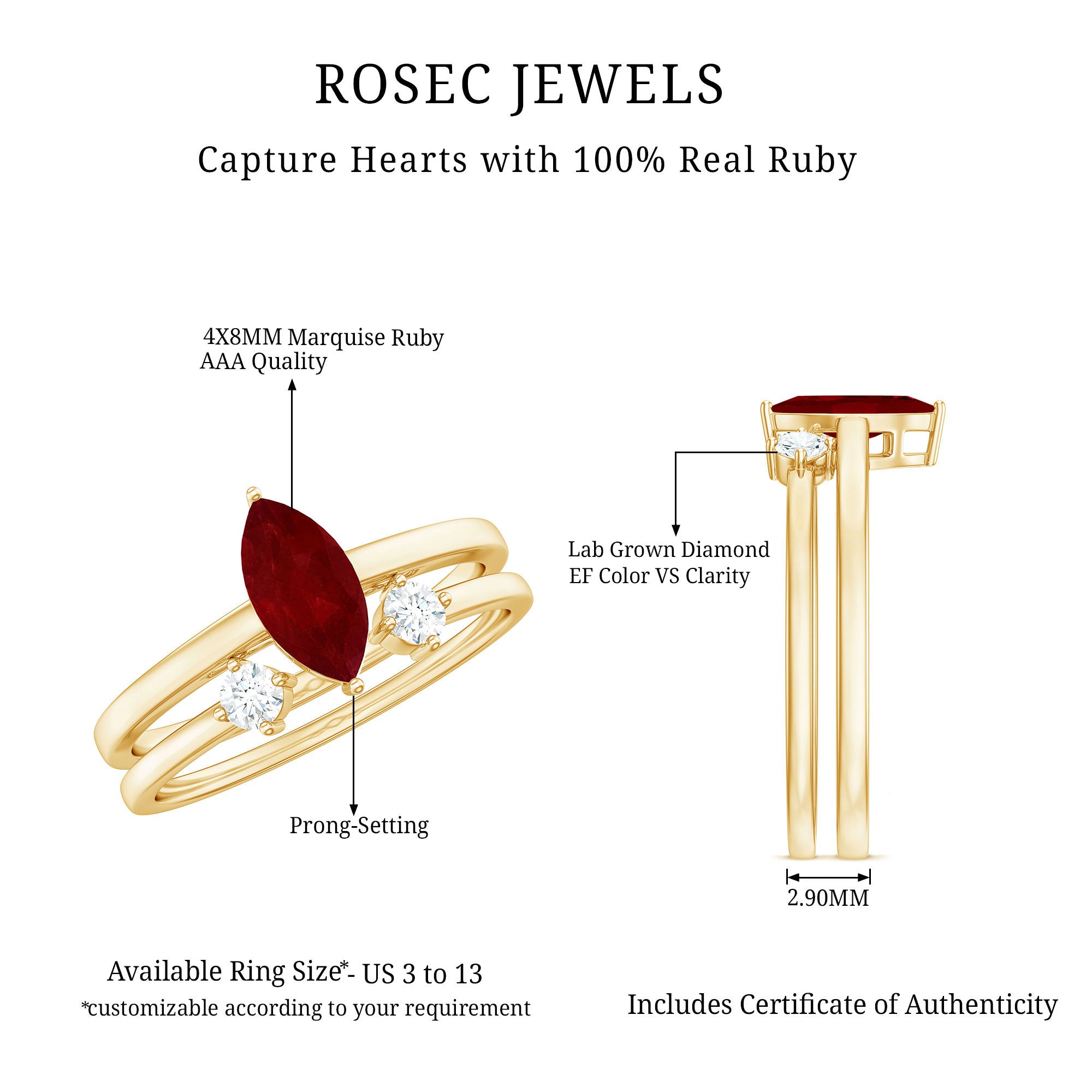 Certified Marquise Ruby Solitaire Wedding Ring Set with Diamond AAA - Rosec Jewels