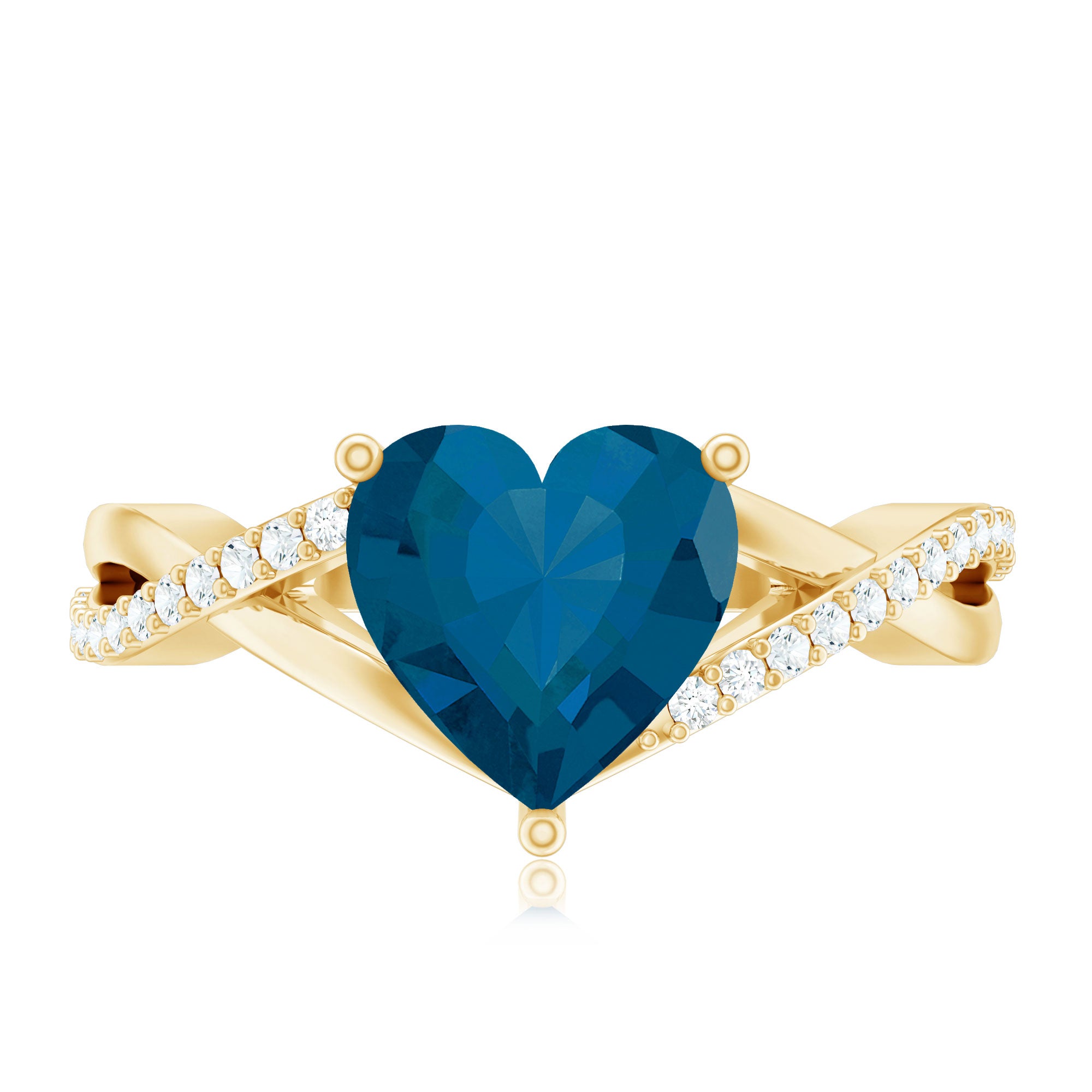 London Blue Topaz and Diamond Heart Engagement Ring in Crossover Band AAA - Rosec Jewels